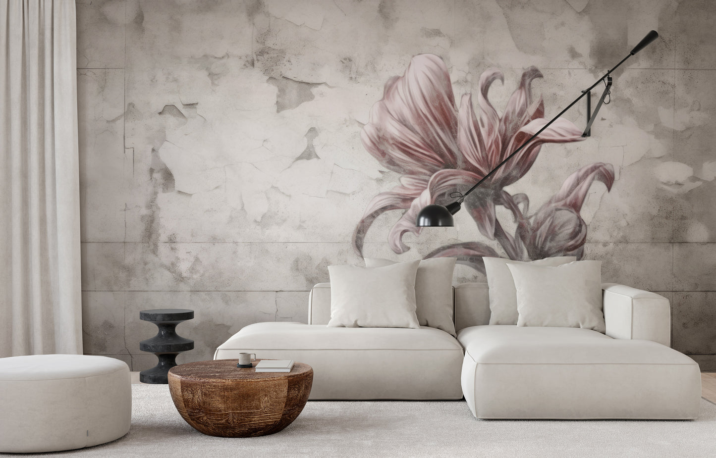 Wzór fototapety artystycznej o nazwie FLORAL ELEGANCE IN MONOCHROME pokazanej w aranżacji wnętrza.