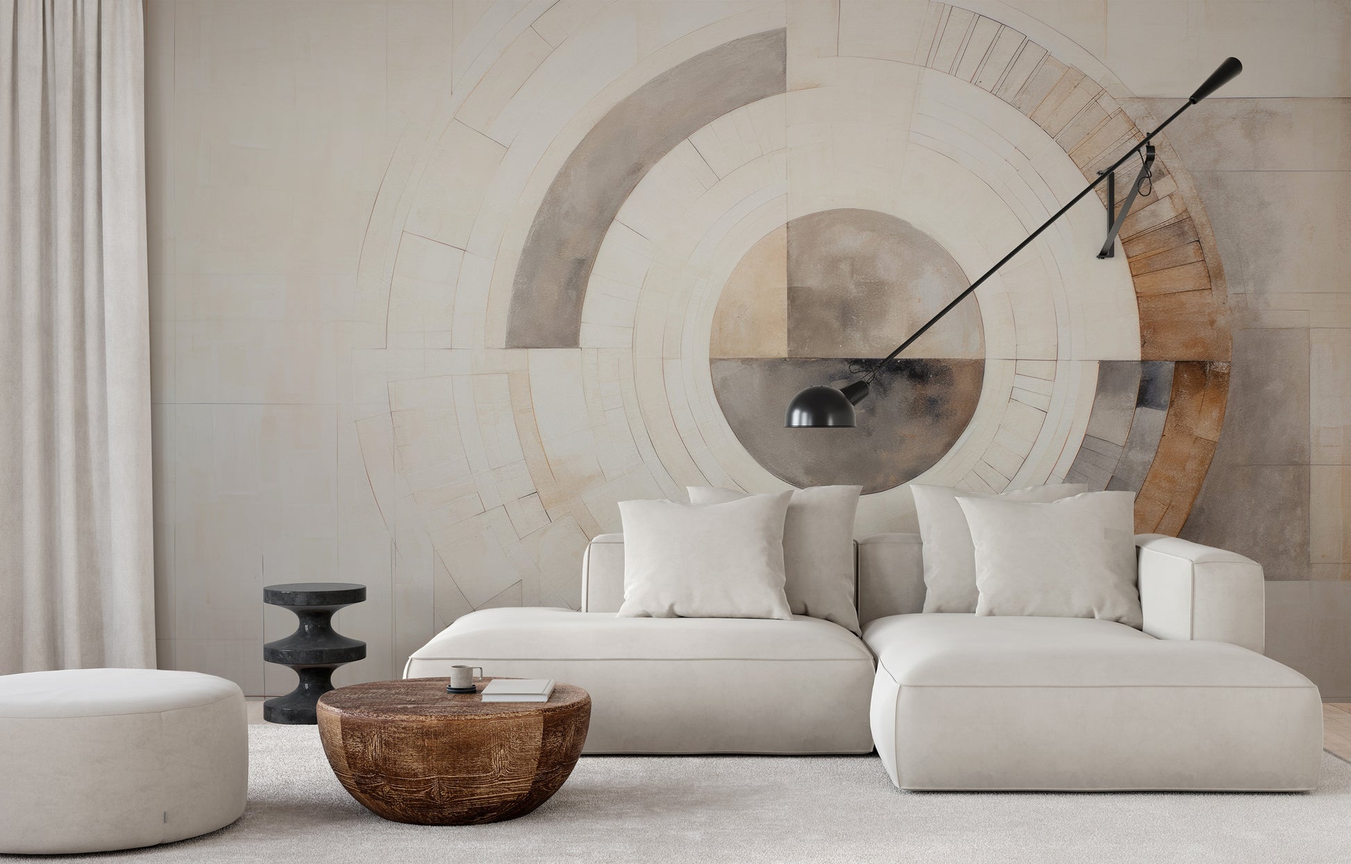 Wzór fototapety o nazwie GEOMETRIC SPHERICAL ECLIPSE pokazanej w kontekście pomieszczenia.