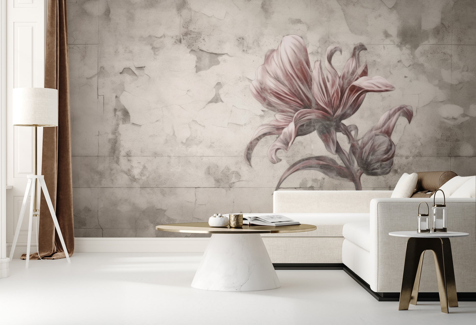 Zdjęcie prezentuje aranżację wnętrza z użyciem fototapety o nazwie FLORAL ELEGANCE IN MONOCHROME pokazanej w aranżacji wnętrza.