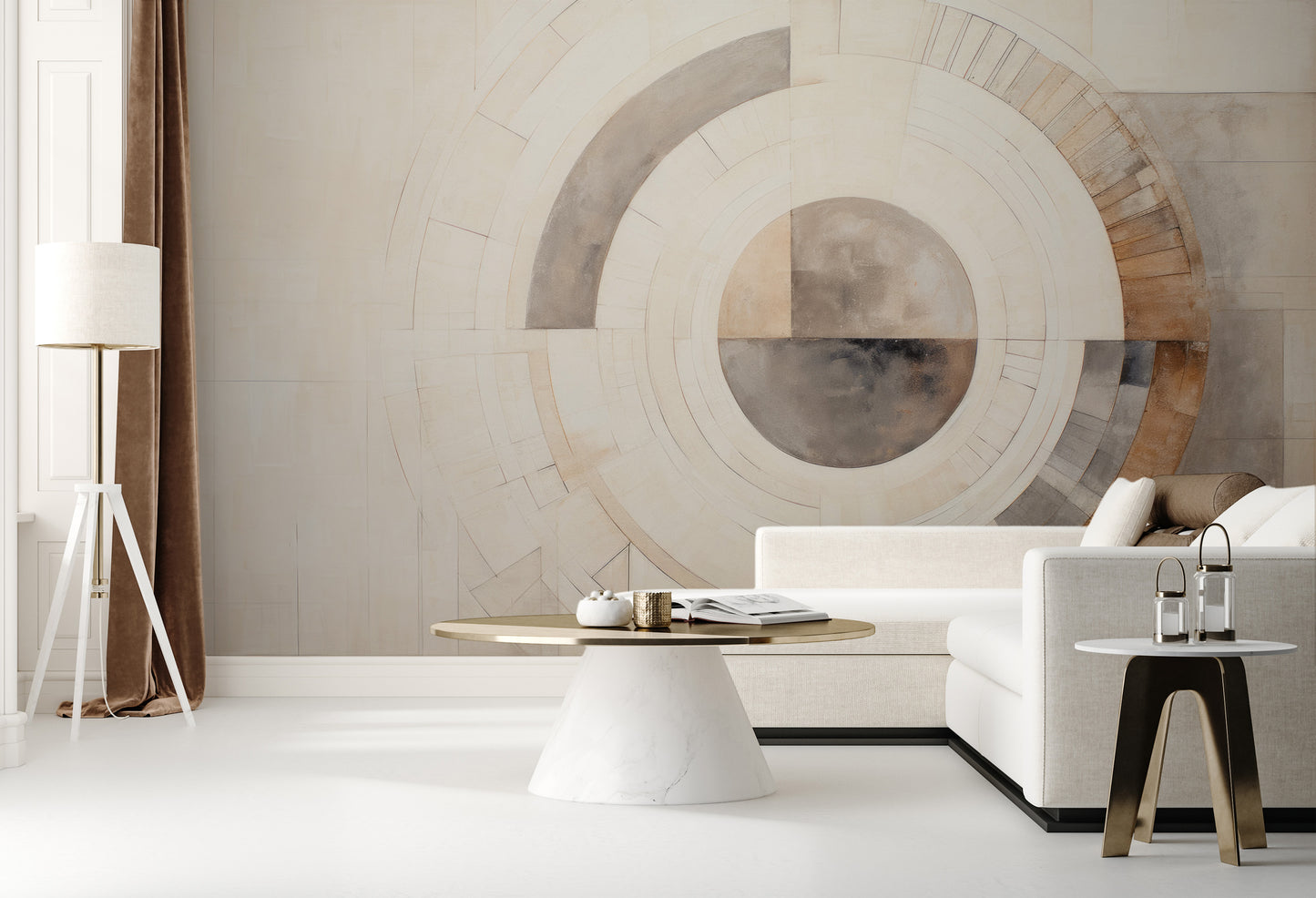 Wzór fototapety artystycznej o nazwie GEOMETRIC SPHERICAL ECLIPSE pokazanej w aranżacji wnętrza.