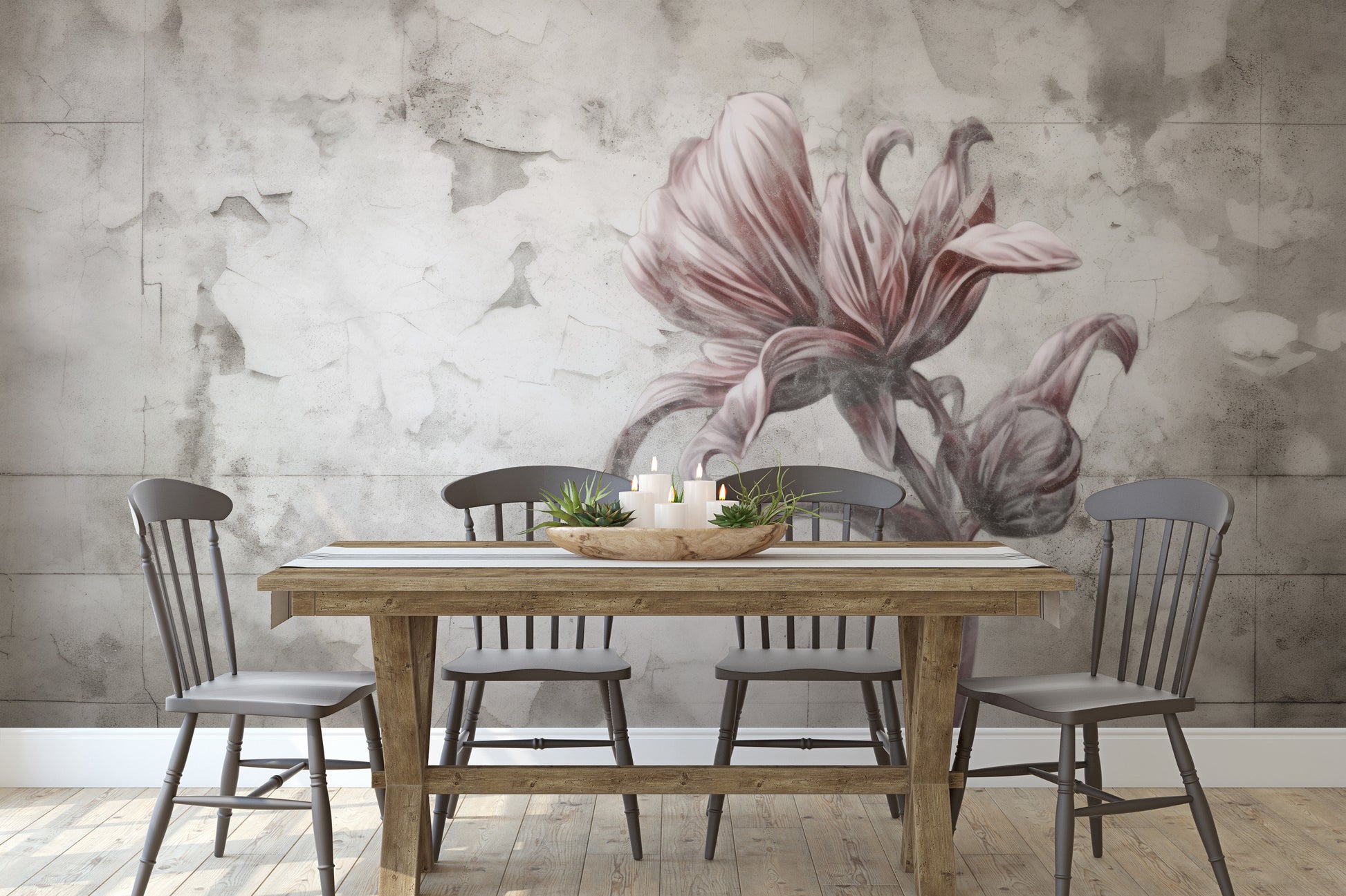 Wzór fototapety malowanej o nazwie FLORAL ELEGANCE IN MONOCHROME pokazanej w aranżacji wnętrza.