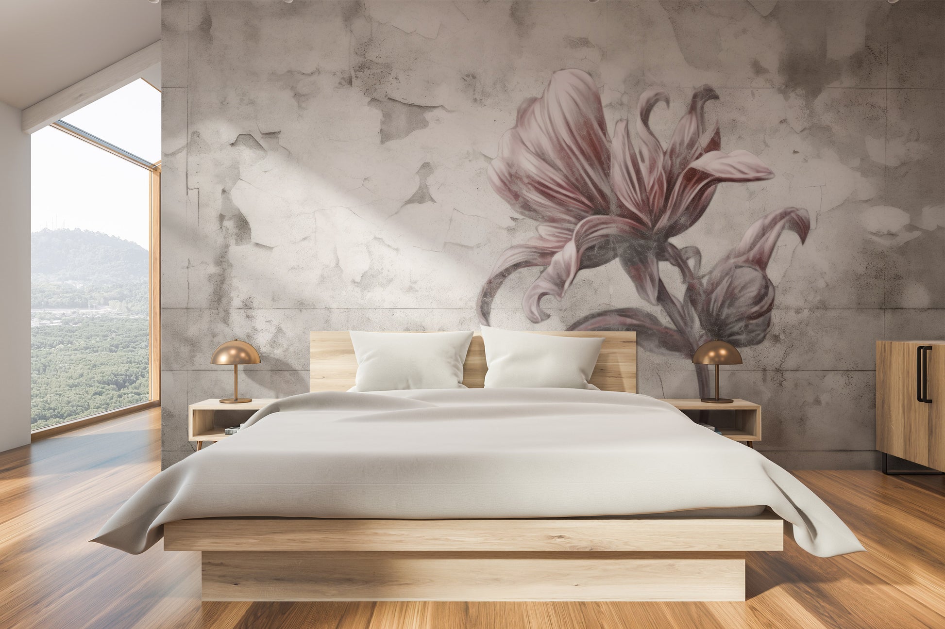 Fototapeta artystyczna o nazwie FLORAL ELEGANCE IN MONOCHROME pokazana w aranżacji wnętrza.