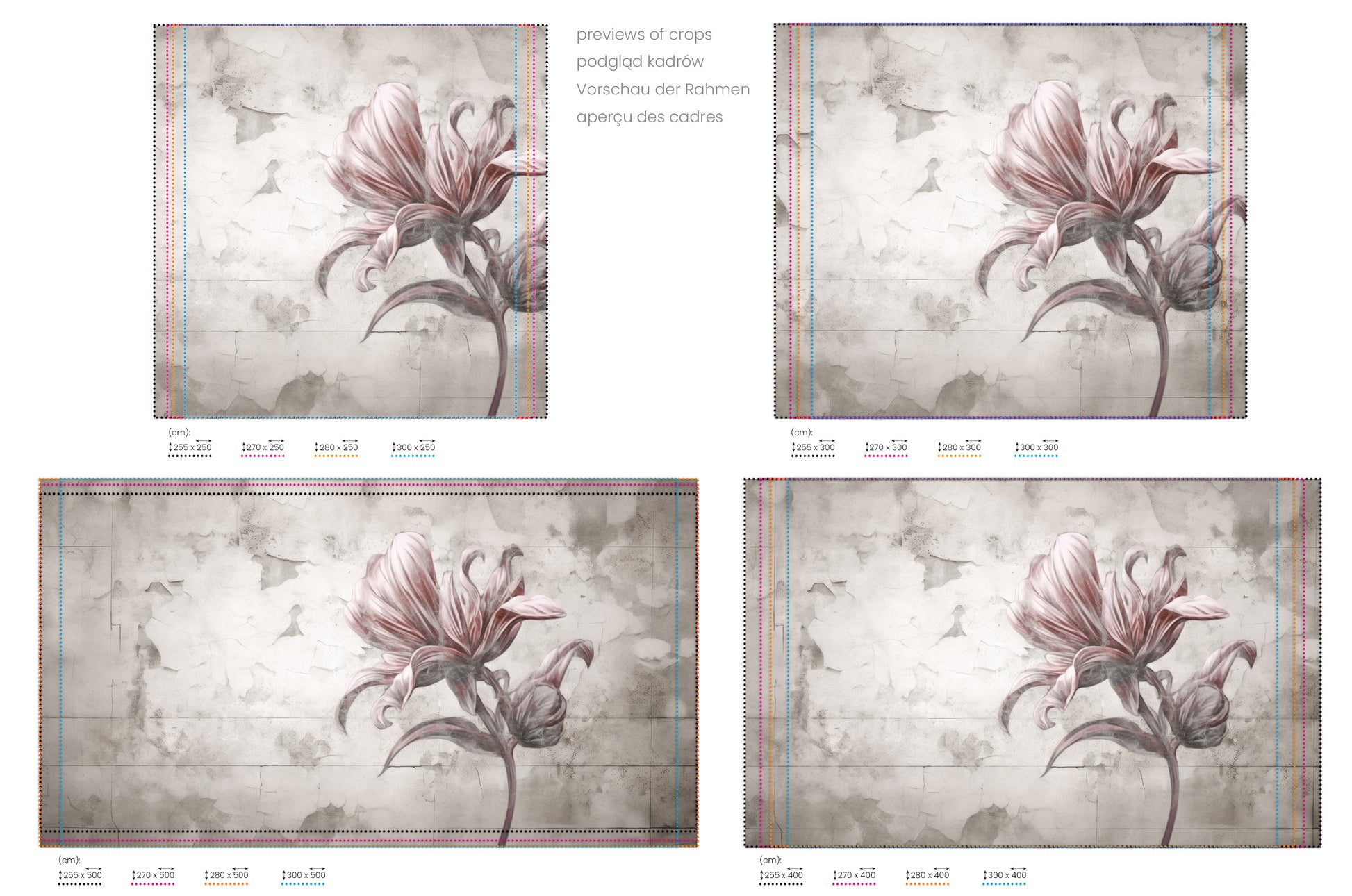 Na obrazie znajduje się prezentacja przykładowych rozmiarów fototapety o nazwie FLORAL ELEGANCE IN MONOCHROME. Rozmiar fototapety jest dowolny.