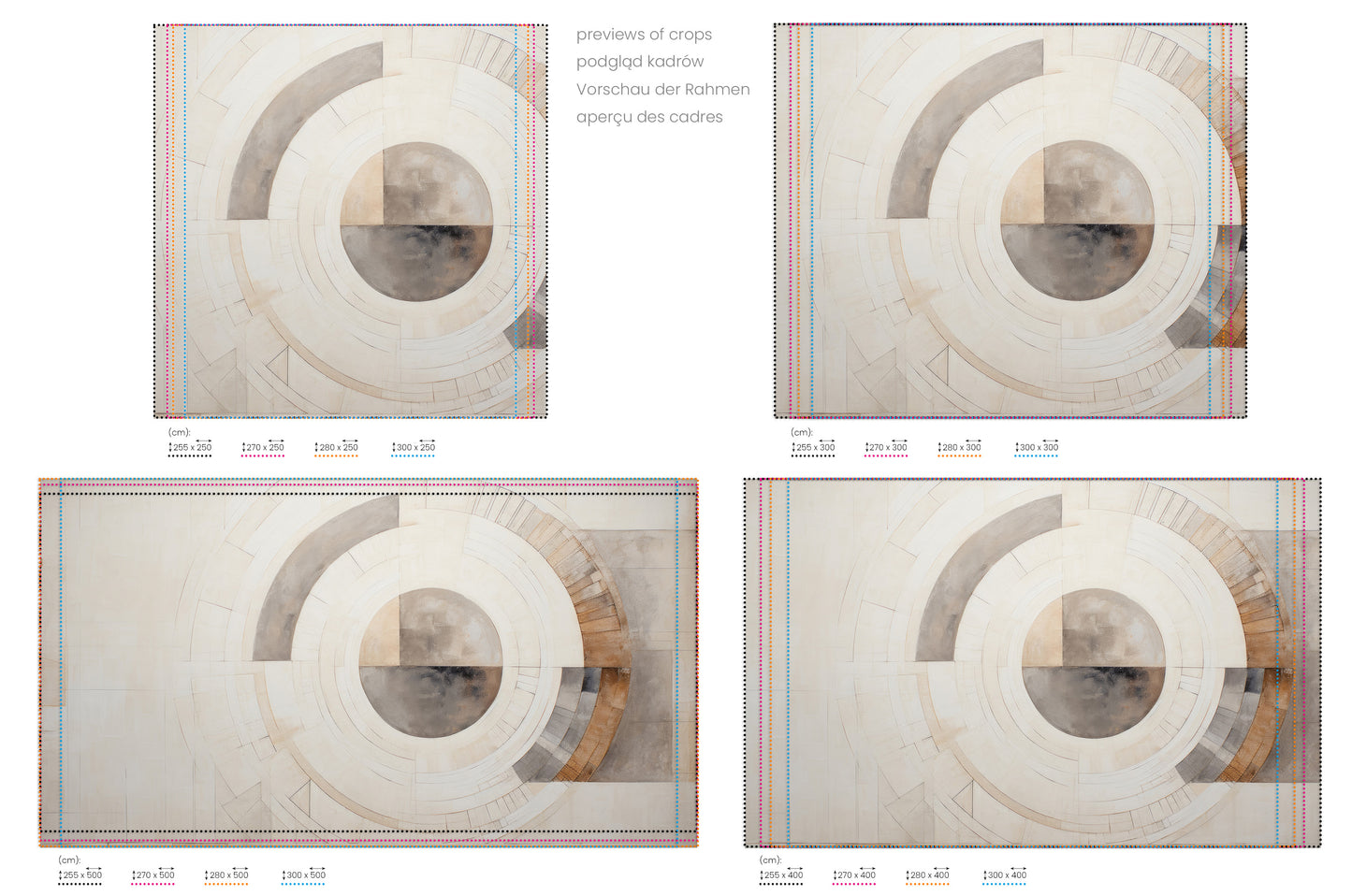 Na obrazie znajduje się prezentacja przykładowych rozmiarów fototapety o nazwie GEOMETRIC SPHERICAL ECLIPSE. Rozmiar fototapety jest dowolny.