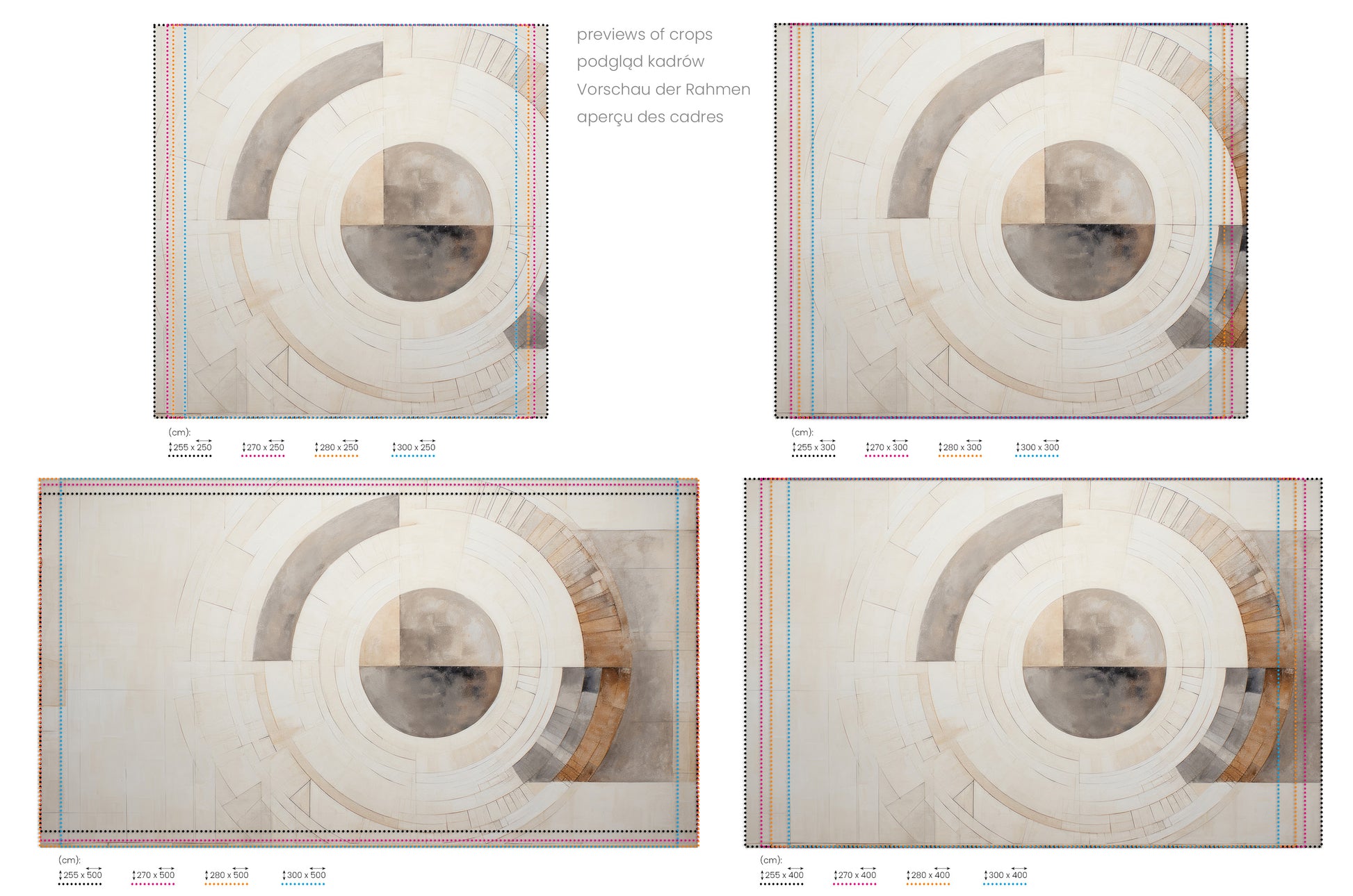 Na obrazie znajduje się prezentacja przykładowych rozmiarów fototapety o nazwie GEOMETRIC SPHERICAL ECLIPSE. Rozmiar fototapety jest dowolny.