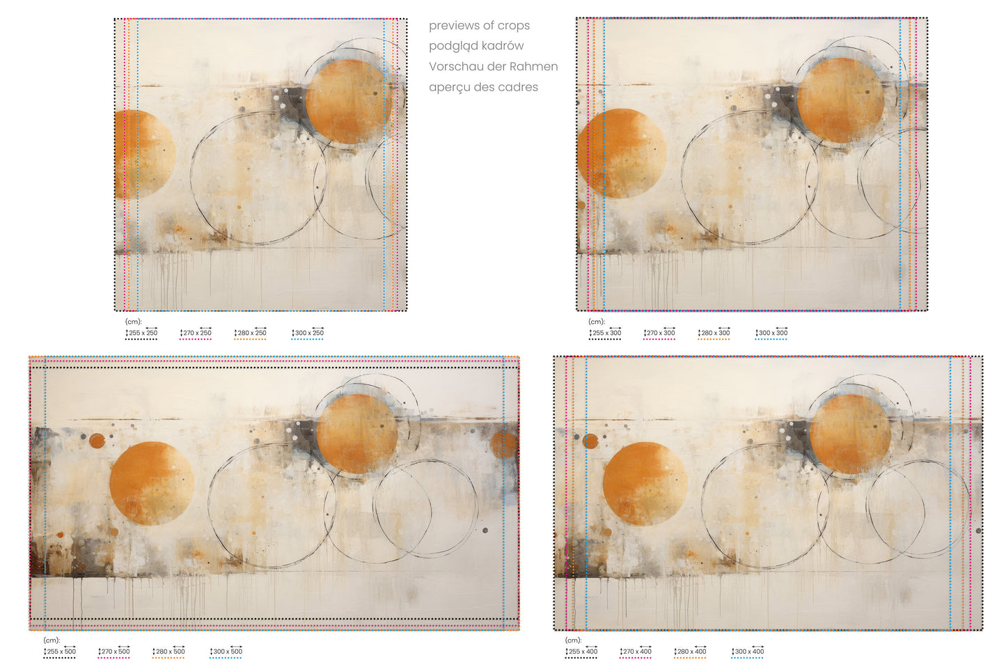 Na obrazie znajduje się prezentacja przykładowych rozmiarów fototapety o nazwie ABSTRACT ORBITAL HARMONY. Rozmiar fototapety jest dowolny.