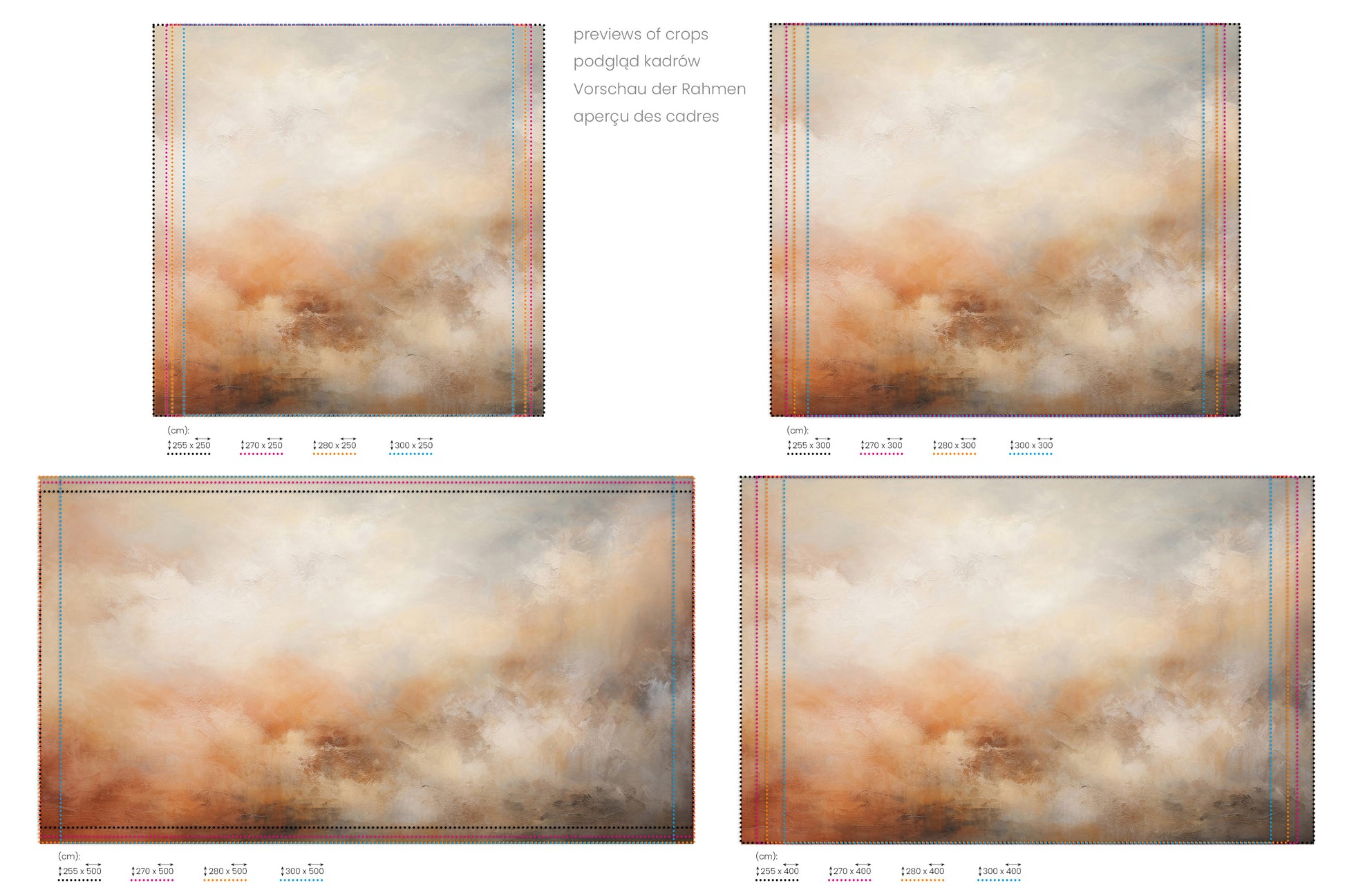 Na obrazie znajduje się prezentacja przykładowych rozmiarów fototapety o nazwie AMBER DAWN ABSTRACT. Rozmiar fototapety jest dowolny.