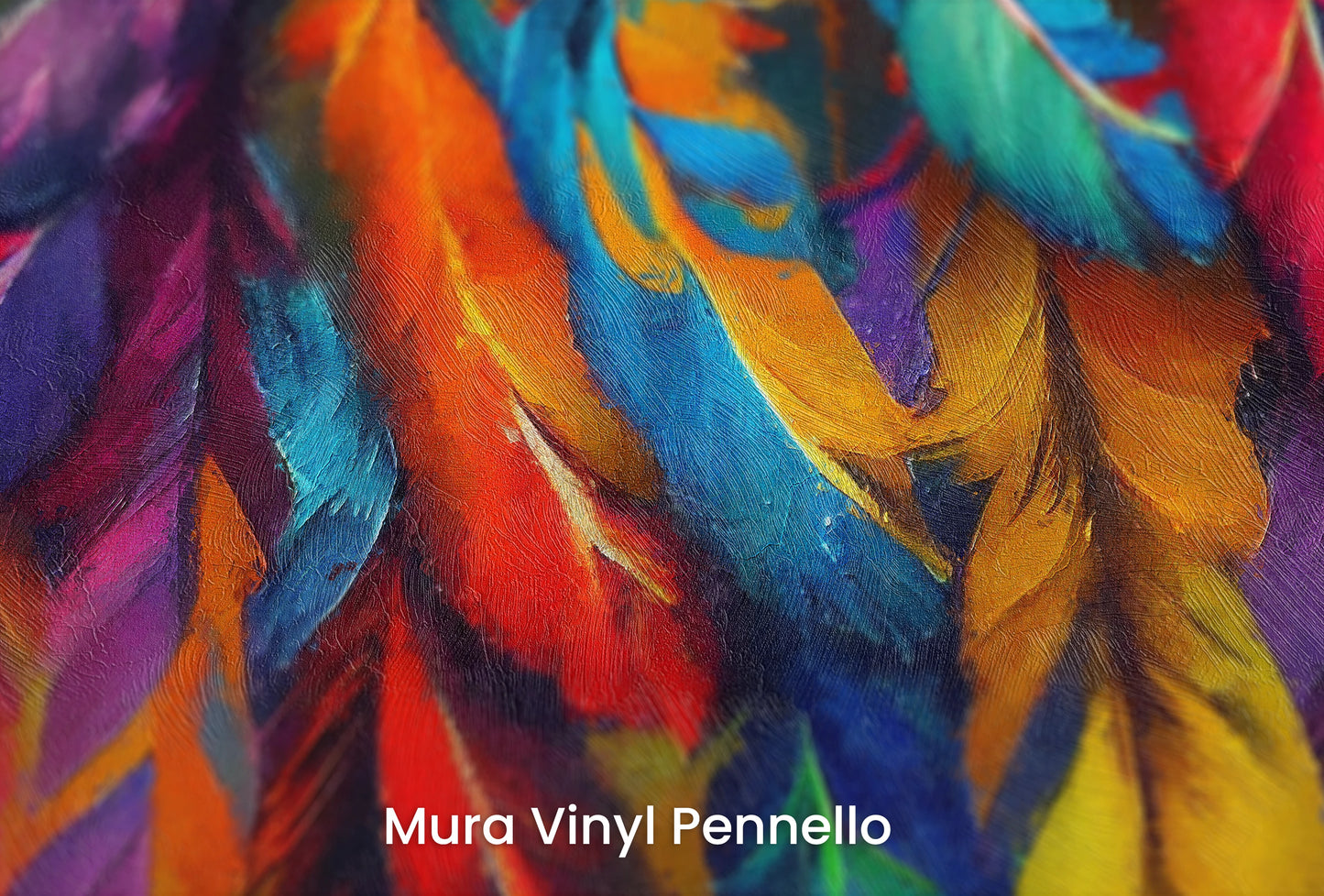 Zbliżenie na artystyczną fototapetę o nazwie Rainbow Plumage na podłożu Mura Vinyl Pennello - faktura pociągnięć pędzla malarskiego.