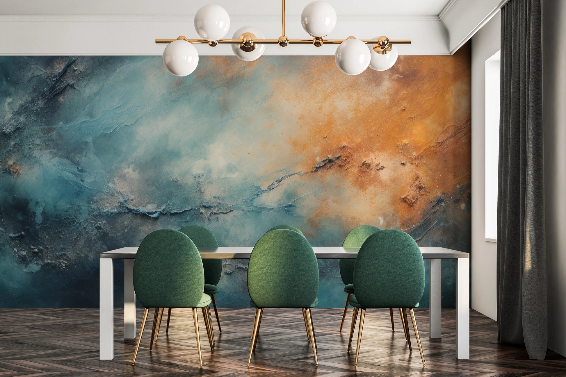 Wzór fototapety artystycznej o nazwie Neptune's Mystery pokazanej w aranżacji wnętrza.