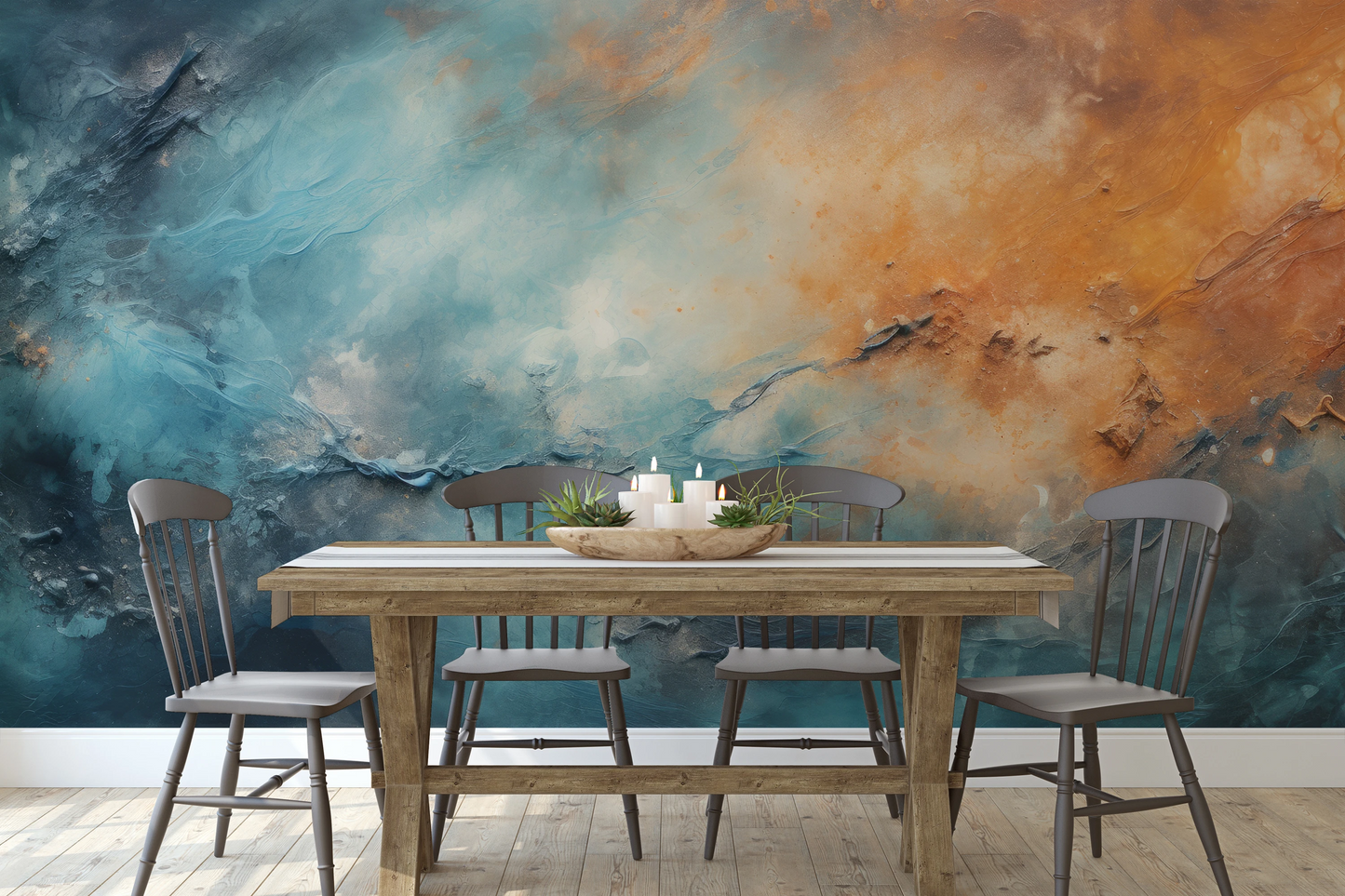 Zdjęcie prezentuje aranżację wnętrza z użyciem fototapety o nazwie Neptune's Mystery pokazanej w aranżacji wnętrza.