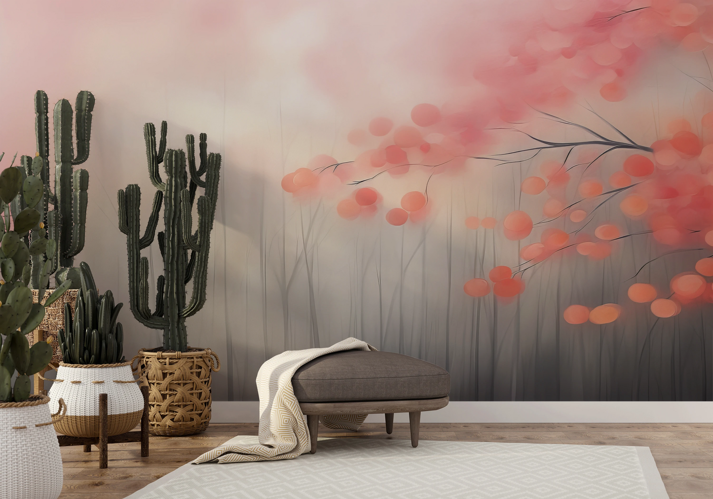 Wzór fototapety malowanej o nazwie Tranquil Blush pokazanej w aranżacji wnętrza.