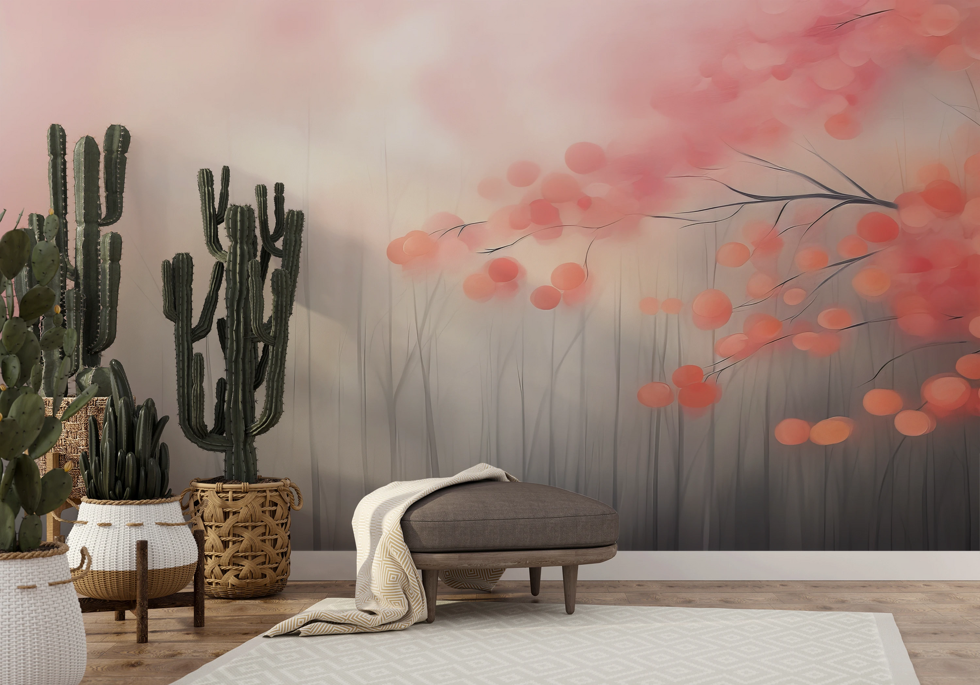 Wzór fototapety malowanej o nazwie Tranquil Blush pokazanej w aranżacji wnętrza.