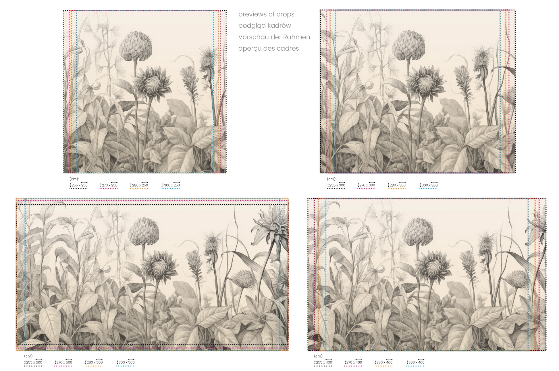 Na obrazie znajduje się prezentacja przykładowych rozmiarów fototapety o nazwie Botanical Etchings. Rozmiar fototapety jest dowolny.