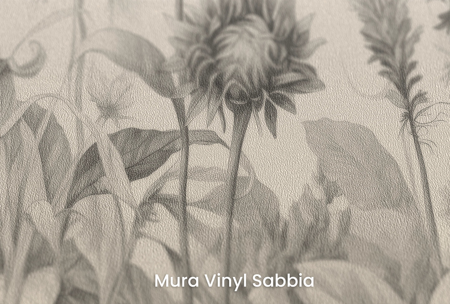 Zbliżenie na artystyczną fototapetę o nazwie Botanical Etchings na podłożu Mura Vinyl Sabbia struktura grubego ziarna piasku.