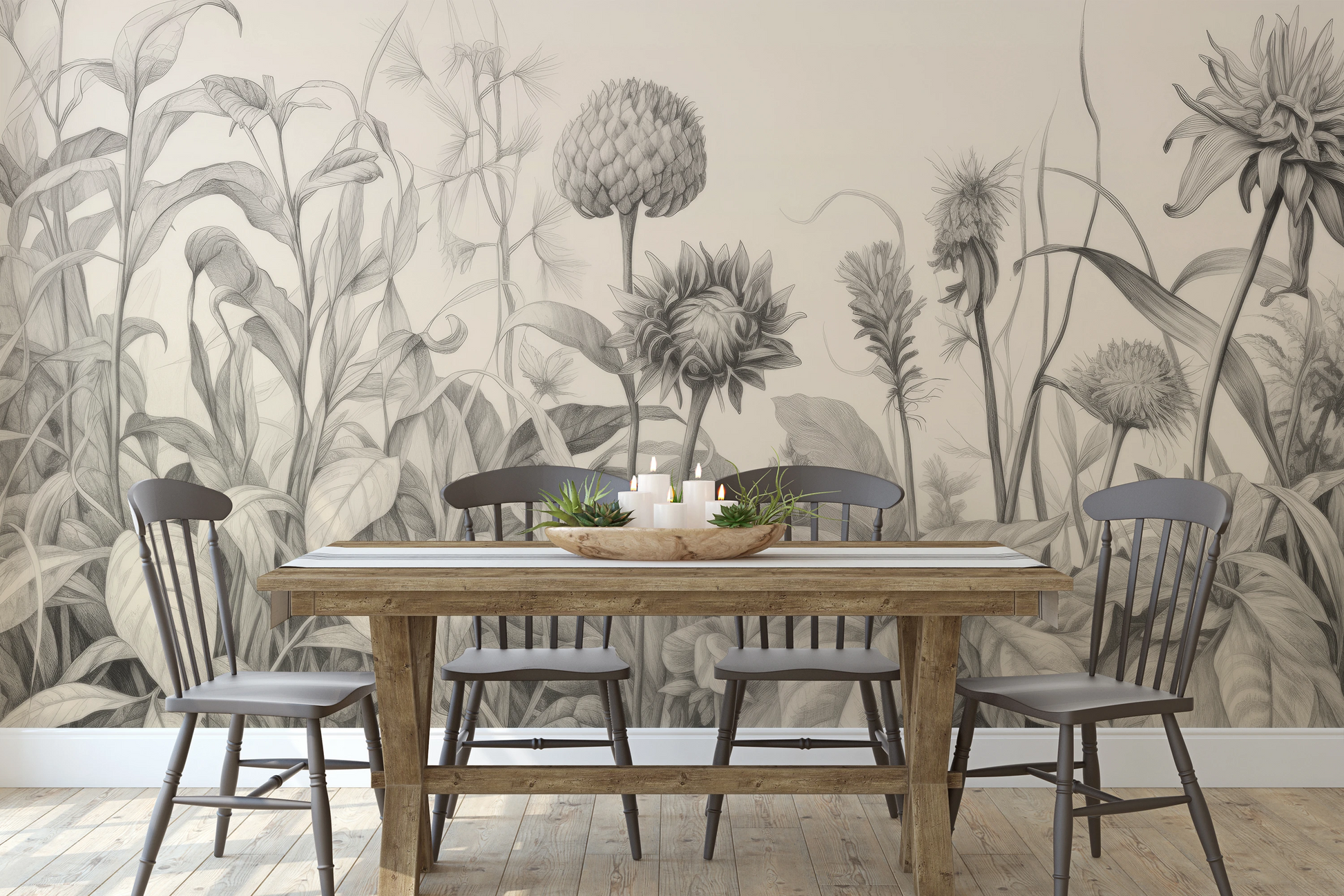 Wzór fototapety artystycznej o nazwie Botanical Etchings pokazanej w aranżacji wnętrza.