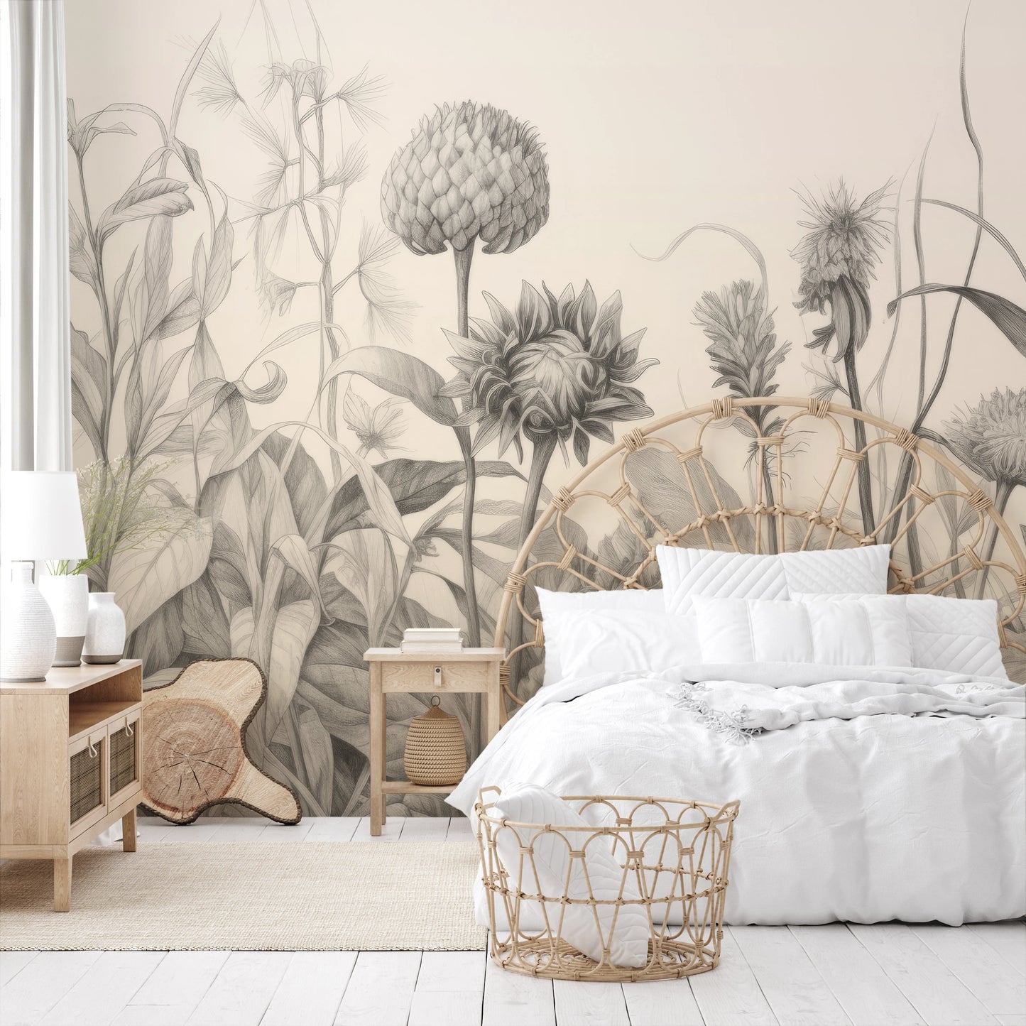 Fototapeta artystyczna o nazwie Botanical Etchings pokazana w aranżacji wnętrza.