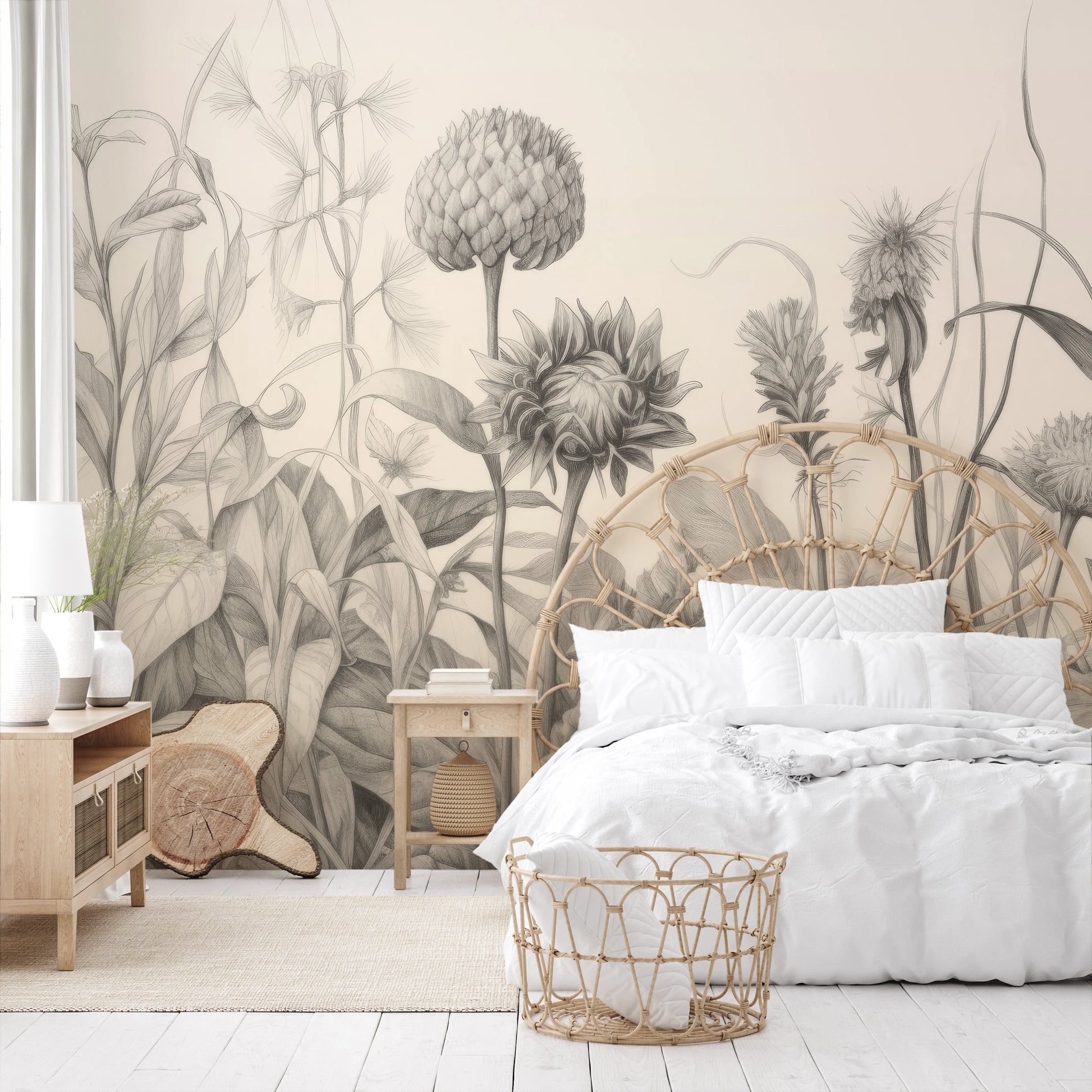 Fototapeta artystyczna o nazwie Botanical Etchings pokazana w aranżacji wnętrza.
