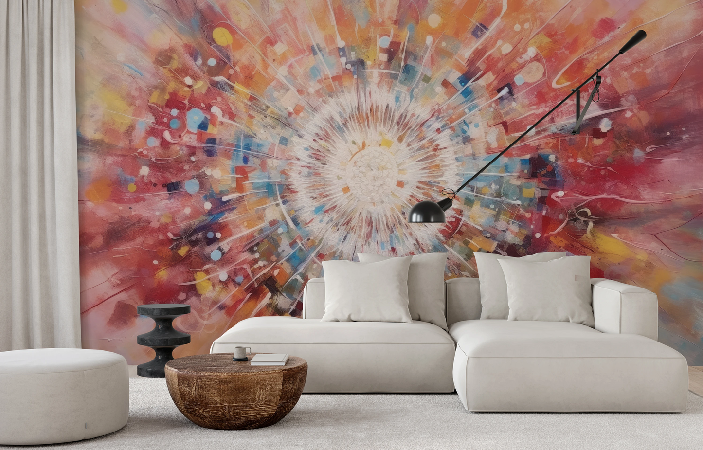 Zdjęcie prezentuje aranżację wnętrza z użyciem fototapety o nazwie Cosmic Explosion pokazanej w aranżacji wnętrza.