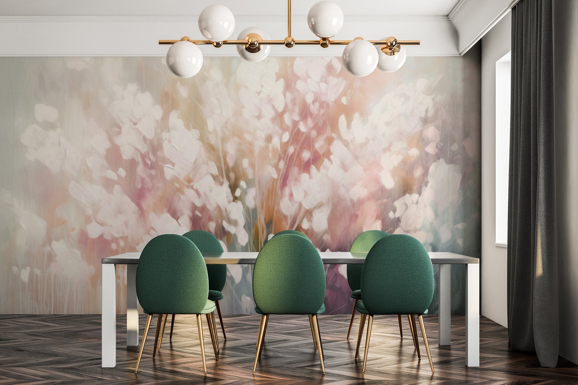 Wzór fototapety o nazwie Ethereal White Blossom pokazanej w kontekście pomieszczenia.