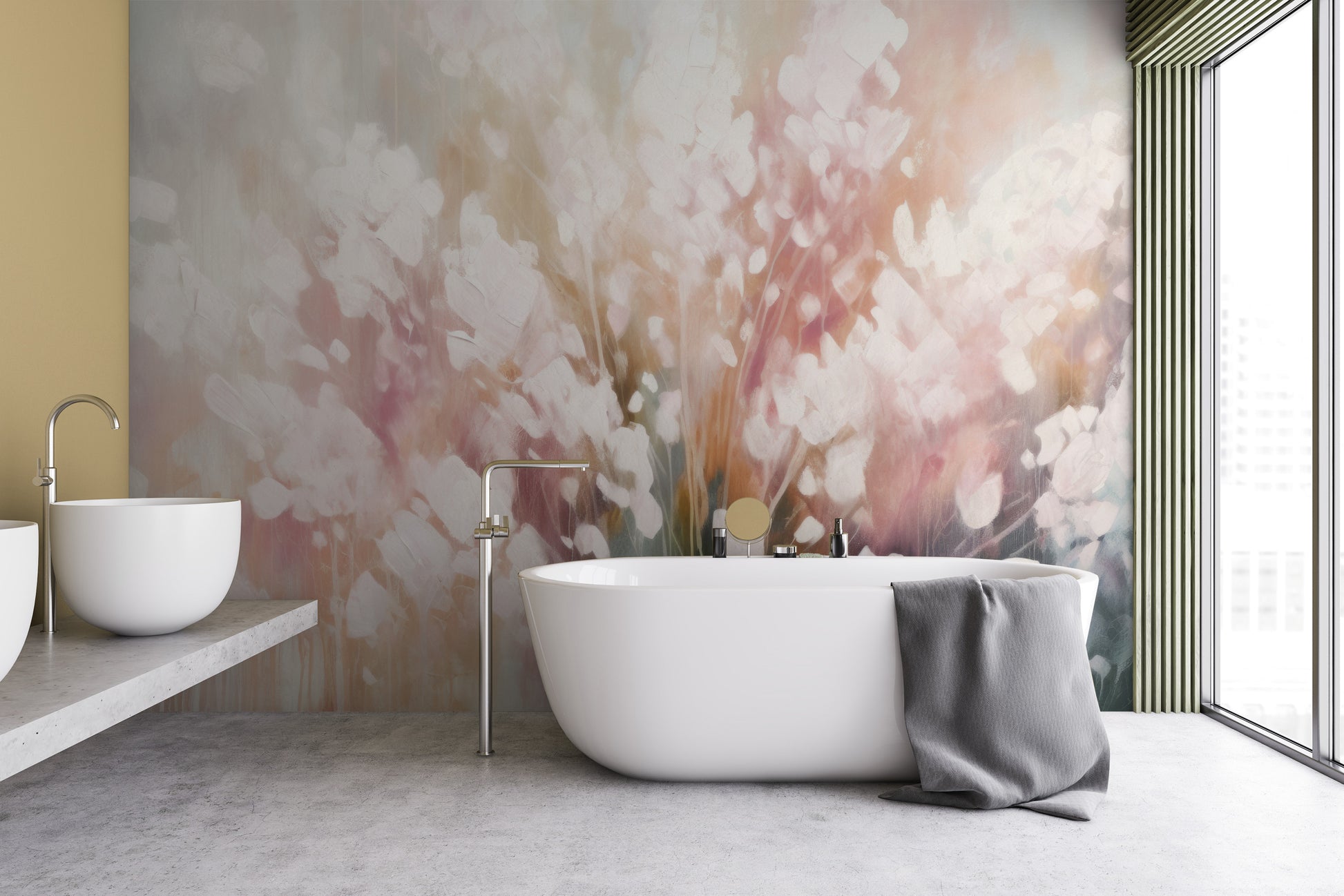 Wzór fototapety artystycznej o nazwie Ethereal White Blossom pokazanej w aranżacji wnętrza.