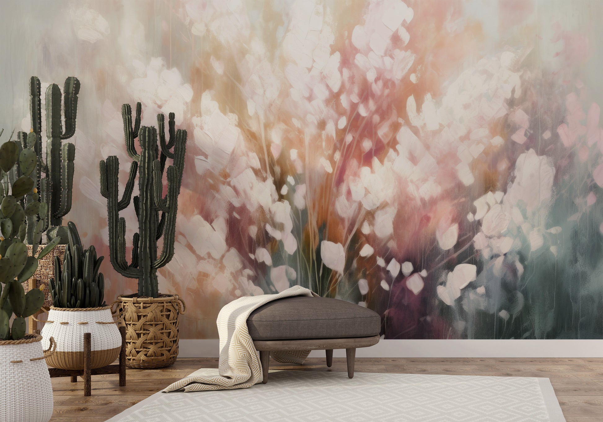 Wzór fototapety artystycznej o nazwie Ethereal White Blossom pokazanej w aranżacji wnętrza.