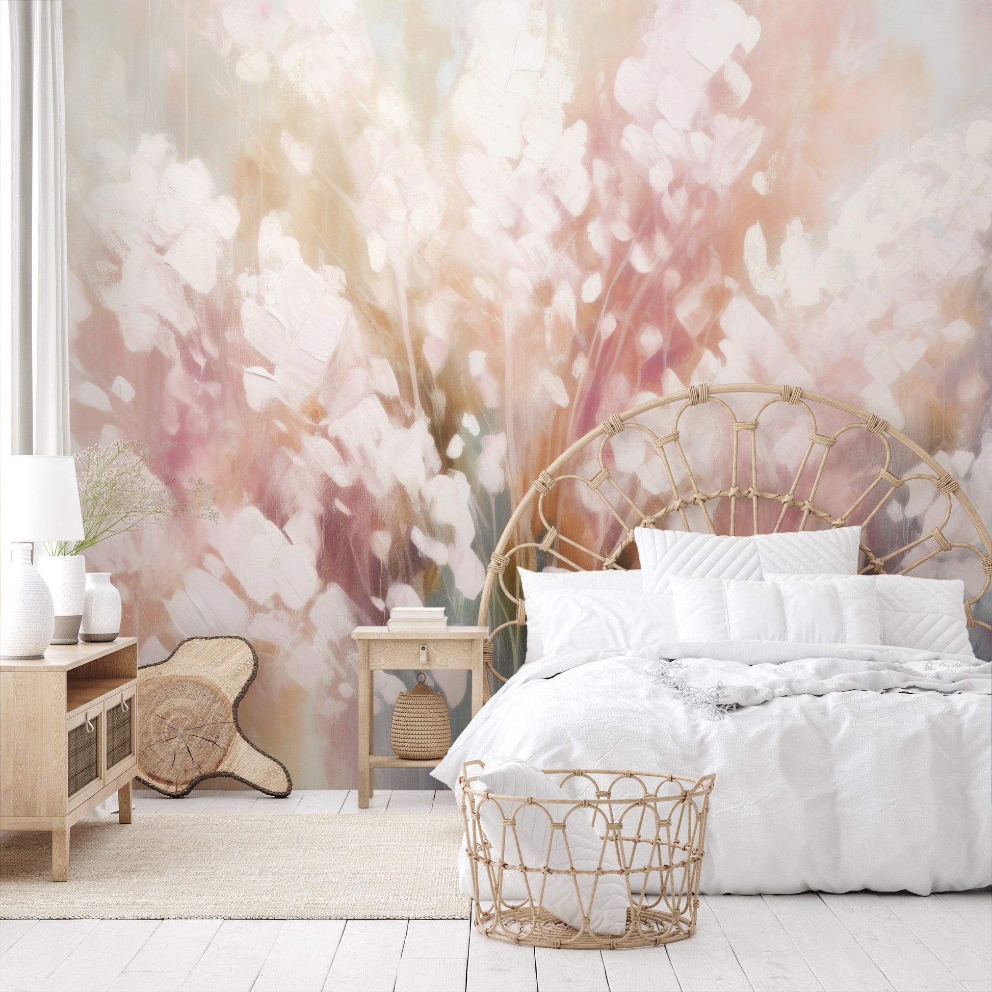 Zdjęcie prezentuje aranżację wnętrza z użyciem fototapety o nazwie Ethereal White Blossom pokazanej w aranżacji wnętrza.