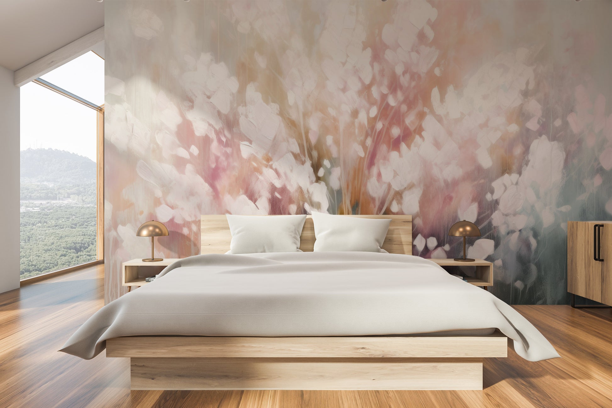 Fototapeta artystyczna o nazwie Ethereal White Blossom pokazana w aranżacji wnętrza.