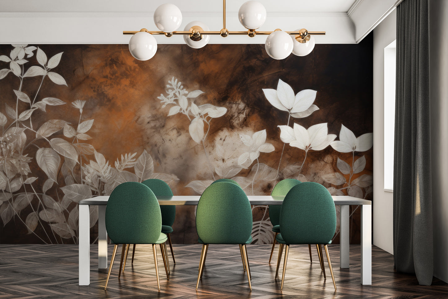 Wzór fototapety artystycznej o nazwie Mystic Garden Silhouettes pokazanej w aranżacji wnętrza.