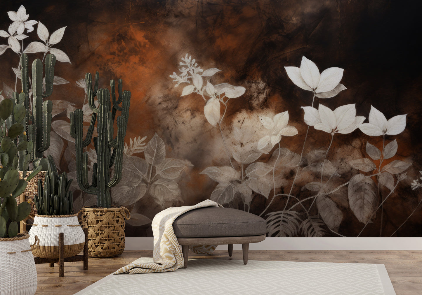 Zdjęcie prezentuje aranżację wnętrza z użyciem fototapety o nazwie Mystic Garden Silhouettes pokazanej w aranżacji wnętrza.