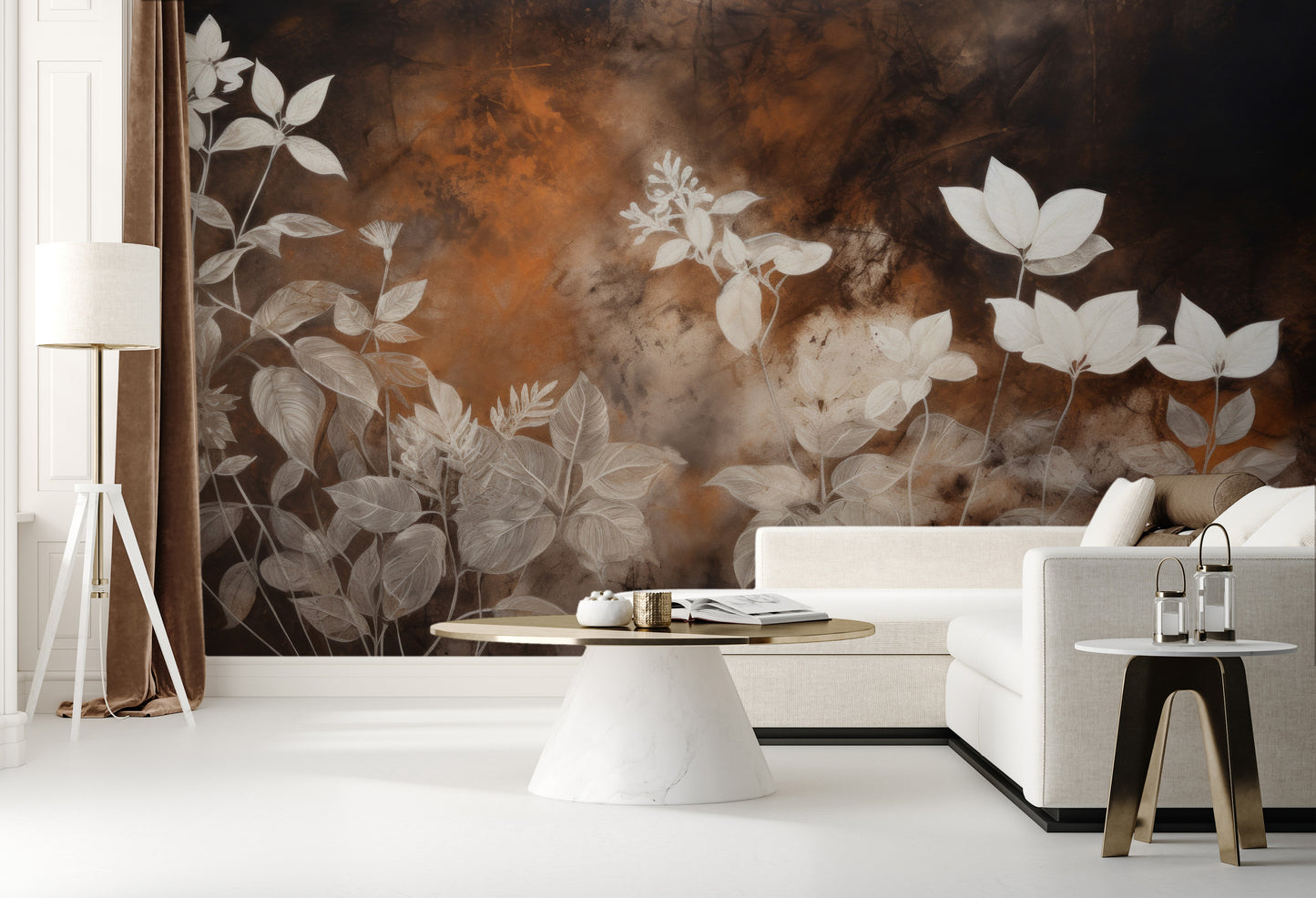 Wzór fototapety malowanej o nazwie Mystic Garden Silhouettes pokazanej w aranżacji wnętrza.