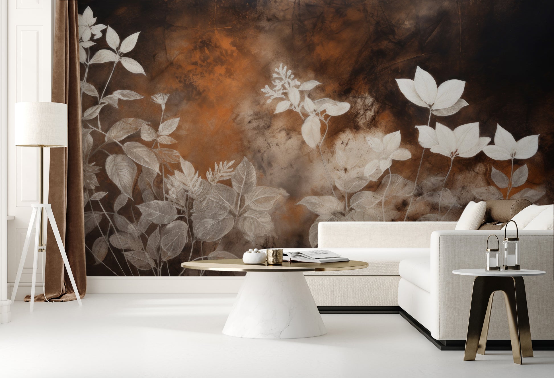 Wzór fototapety malowanej o nazwie Mystic Garden Silhouettes pokazanej w aranżacji wnętrza.