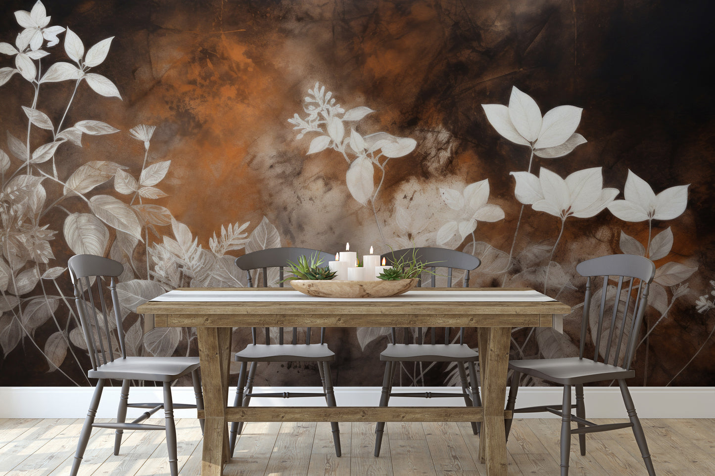 Wzór fototapety artystycznej o nazwie Mystic Garden Silhouettes pokazanej w aranżacji wnętrza.