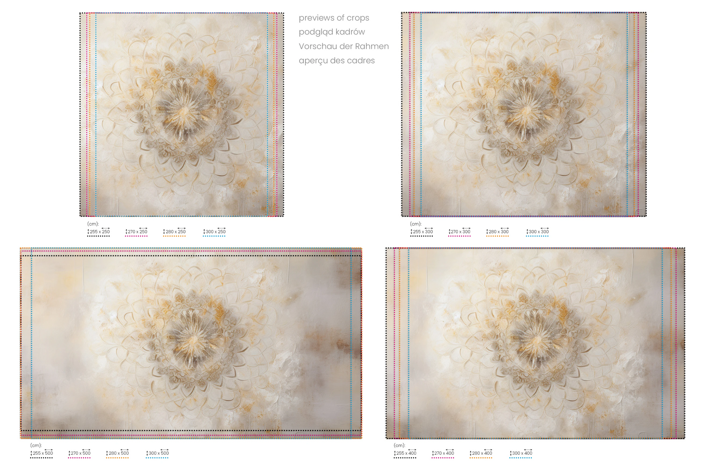 Na obrazie znajduje się prezentacja przykładowych rozmiarów fototapety o nazwie Celestial Mandala. Rozmiar fototapety jest dowolny.