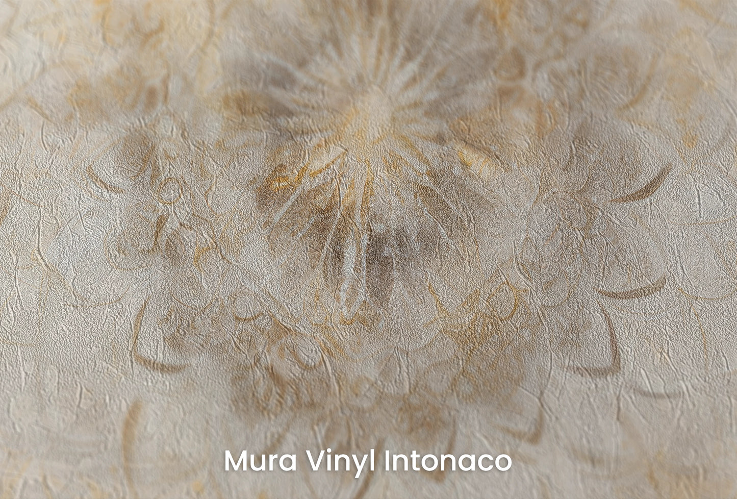 Zbliżenie na artystyczną fototapetę o nazwie Celestial Mandala na podłożu Mura Vinyl Intonaco - struktura tartego tynku.