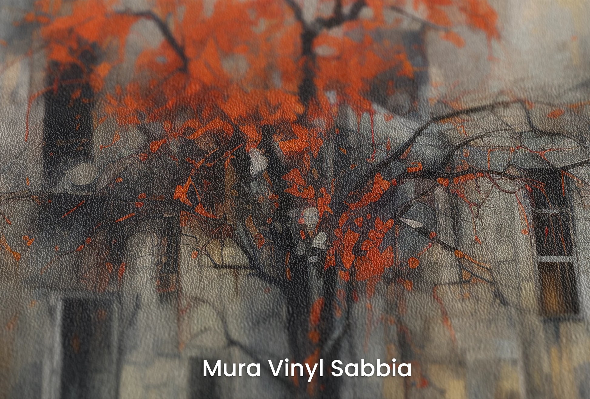 Zbliżenie na artystyczną fototapetę o nazwie Autumn's Contrast na podłożu Mura Vinyl Sabbia struktura grubego ziarna piasku.