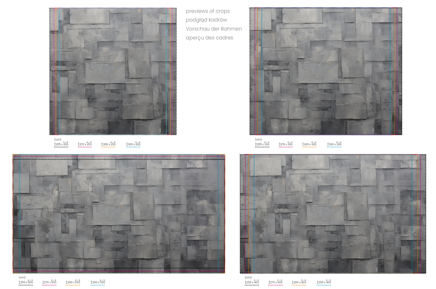 Na obrazie znajduje się prezentacja przykładowych rozmiarów fototapety o nazwie Urban Cubism. Rozmiar fototapety jest dowolny.