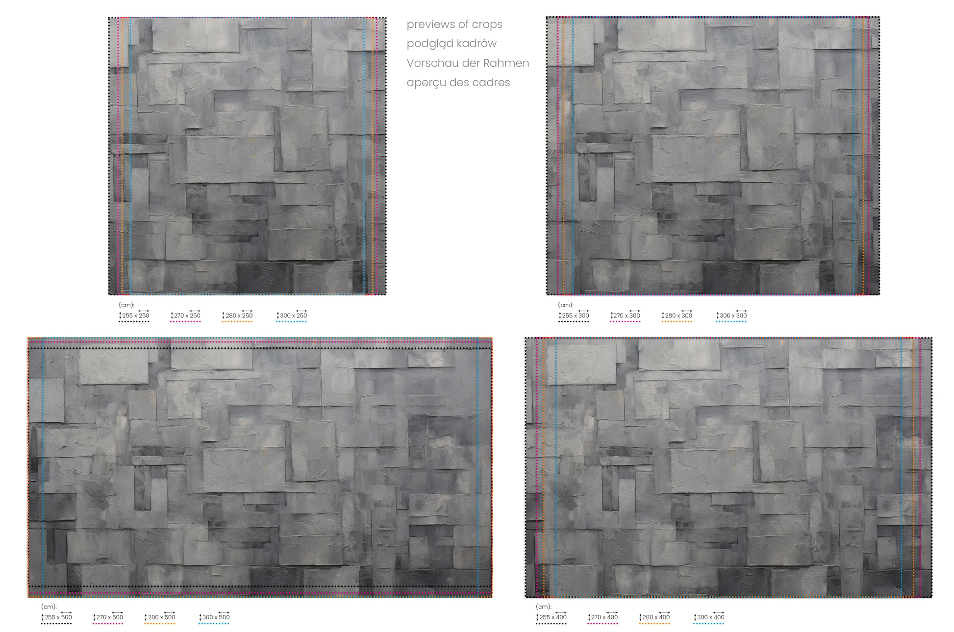 Na obrazie znajduje się prezentacja przykładowych rozmiarów fototapety o nazwie Urban Cubism. Rozmiar fototapety jest dowolny.