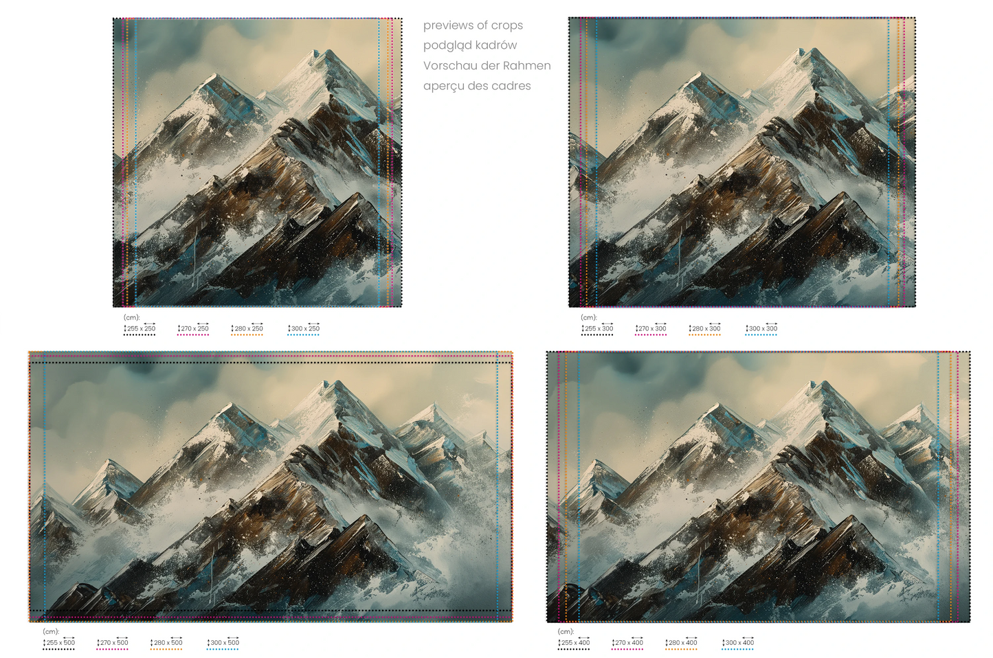 Na obrazie znajduje się prezentacja przykładowych rozmiarów fototapety o nazwie Crystalline Heights #2. Rozmiar fototapety jest dowolny.