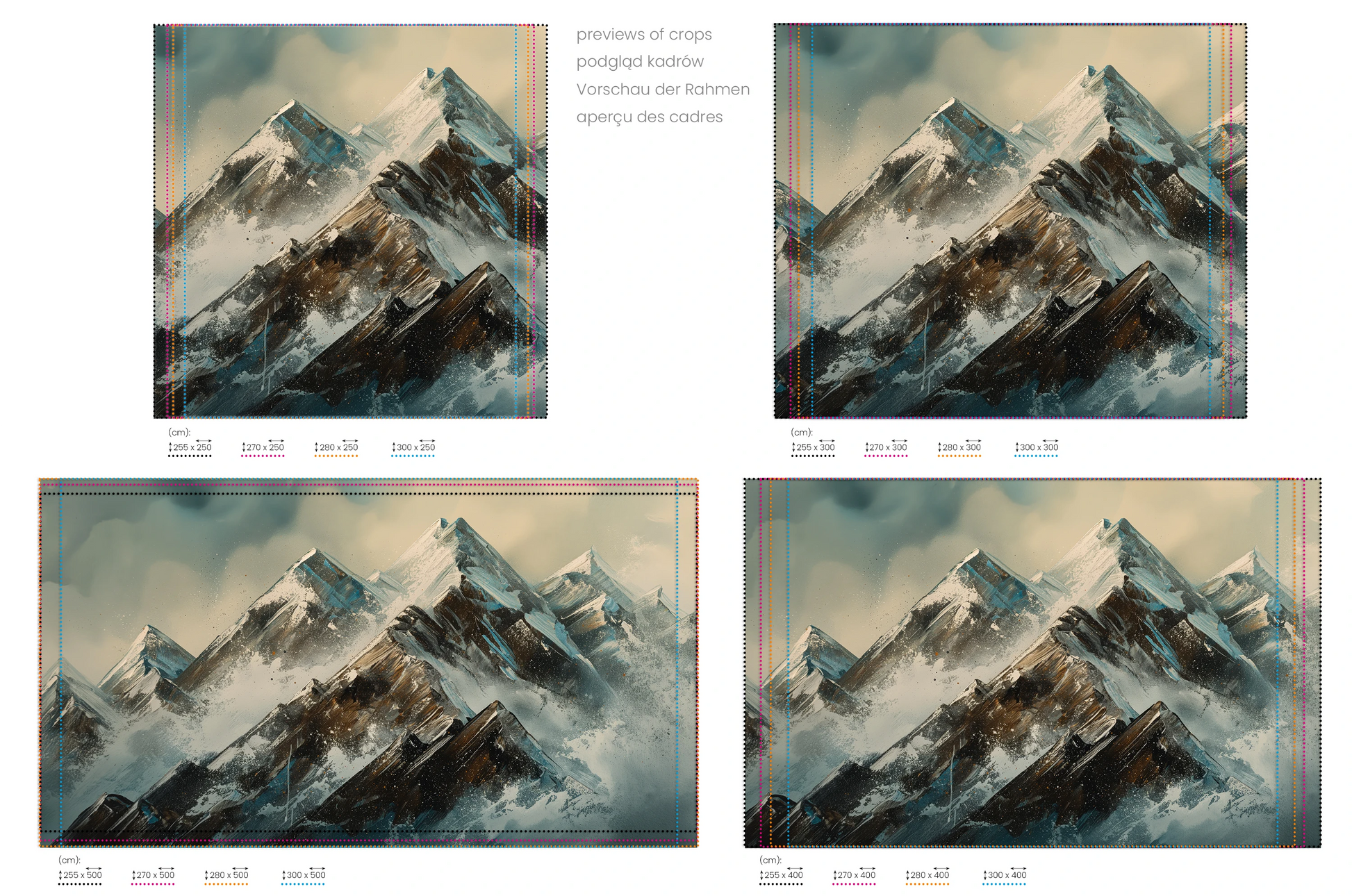 Na obrazie znajduje się prezentacja przykładowych rozmiarów fototapety o nazwie Crystalline Heights #2. Rozmiar fototapety jest dowolny.