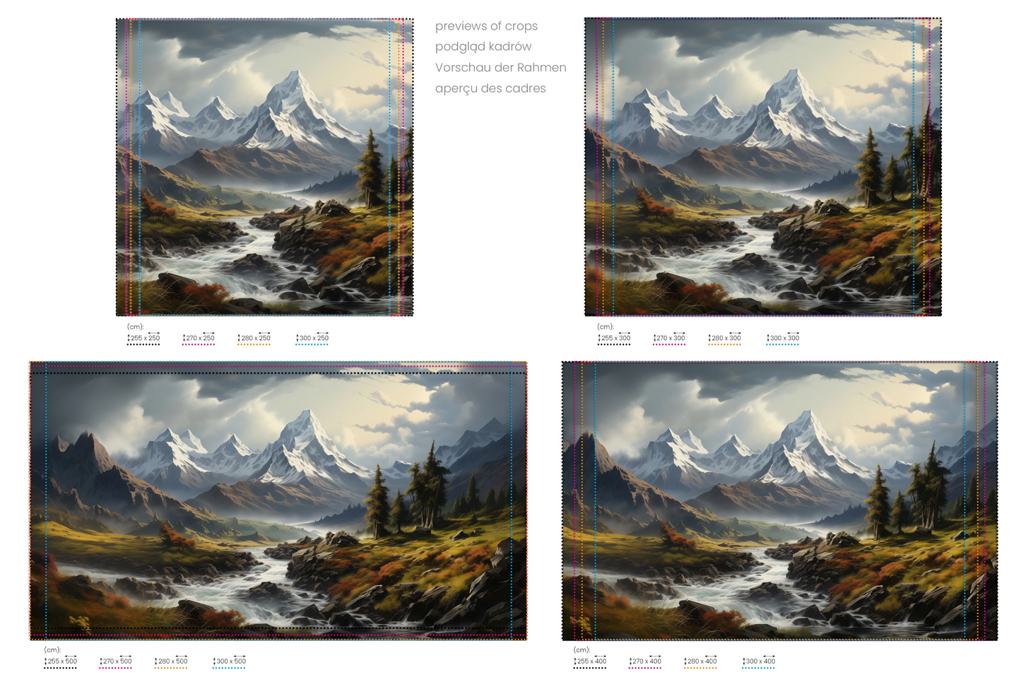 Na obrazie znajduje się prezentacja przykładowych rozmiarów fototapety o nazwie Golden Valley. Rozmiar fototapety jest dowolny.