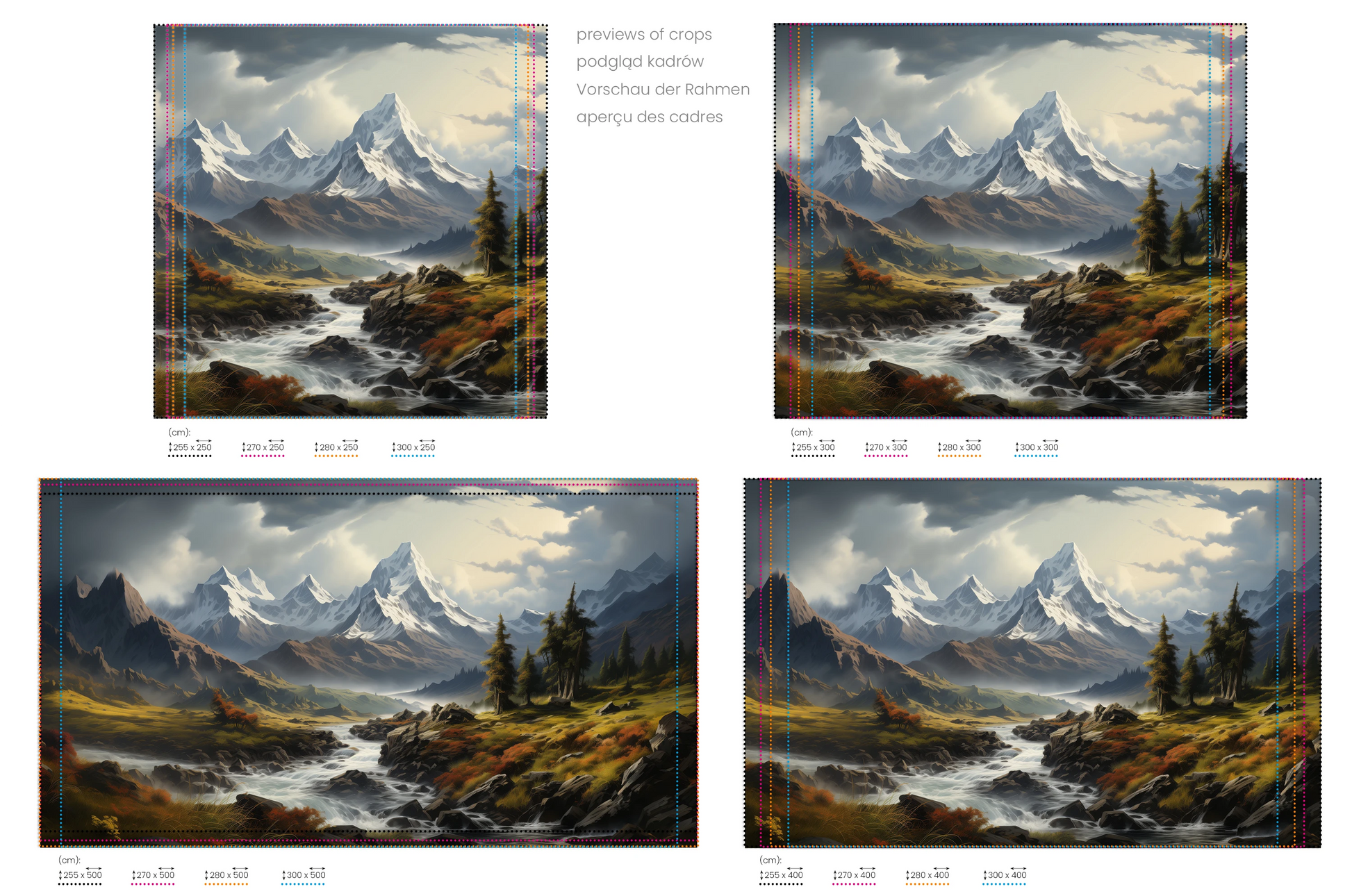 Na obrazie znajduje się prezentacja przykładowych rozmiarów fototapety o nazwie Golden Valley. Rozmiar fototapety jest dowolny.