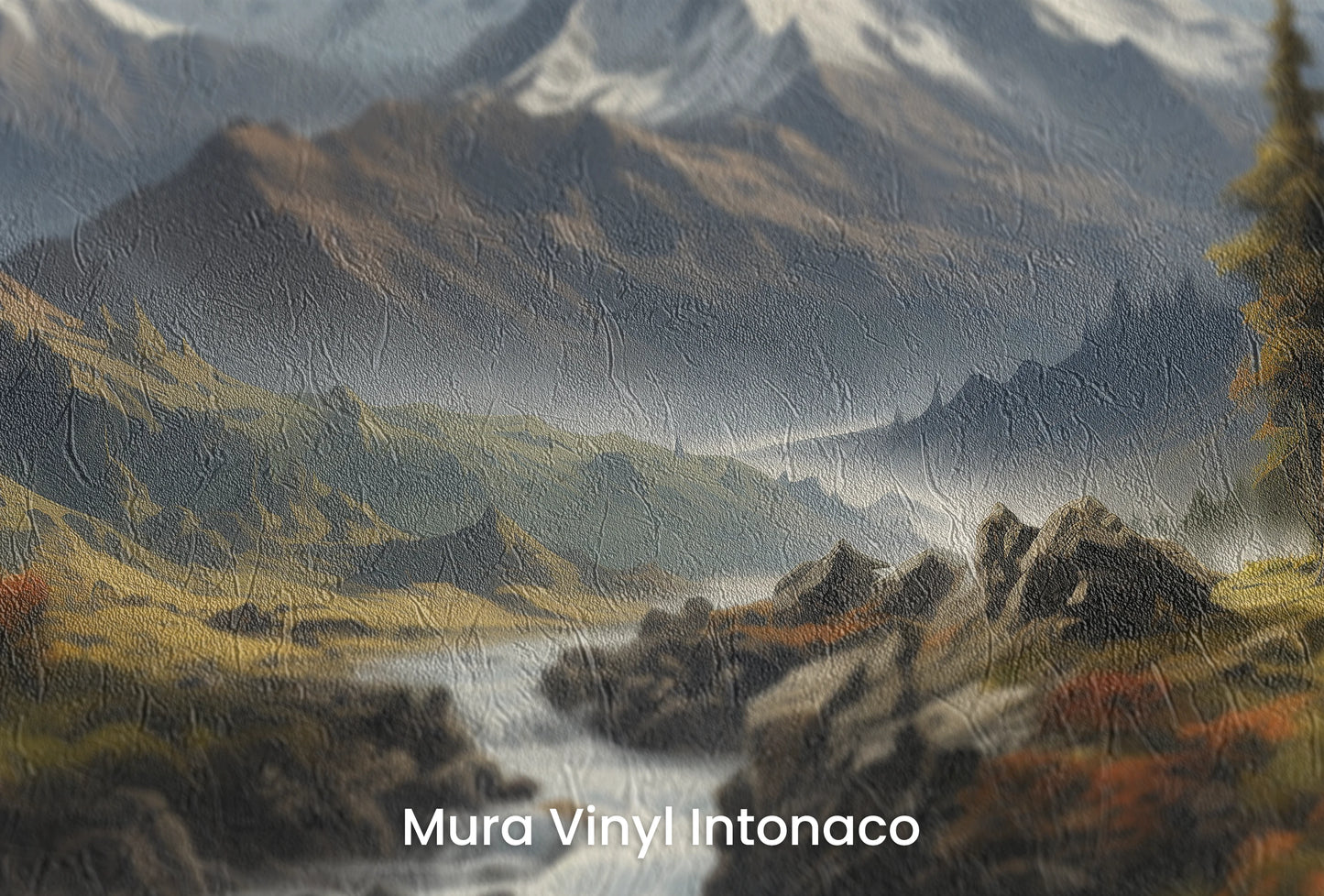 Zbliżenie na artystyczną fototapetę o nazwie Golden Valley na podłożu Mura Vinyl Intonaco - struktura tartego tynku.