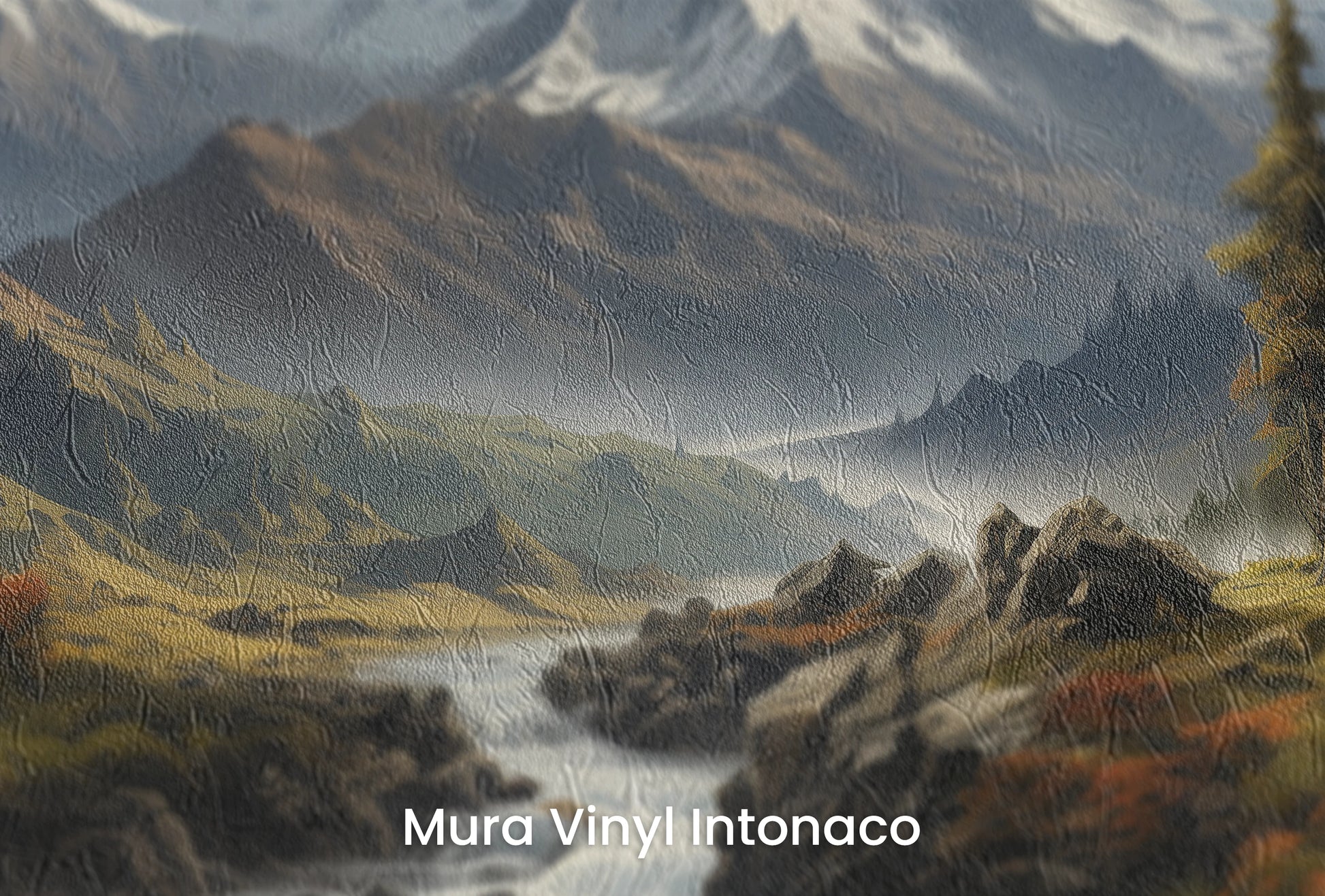 Zbliżenie na artystyczną fototapetę o nazwie Golden Valley na podłożu Mura Vinyl Intonaco - struktura tartego tynku.