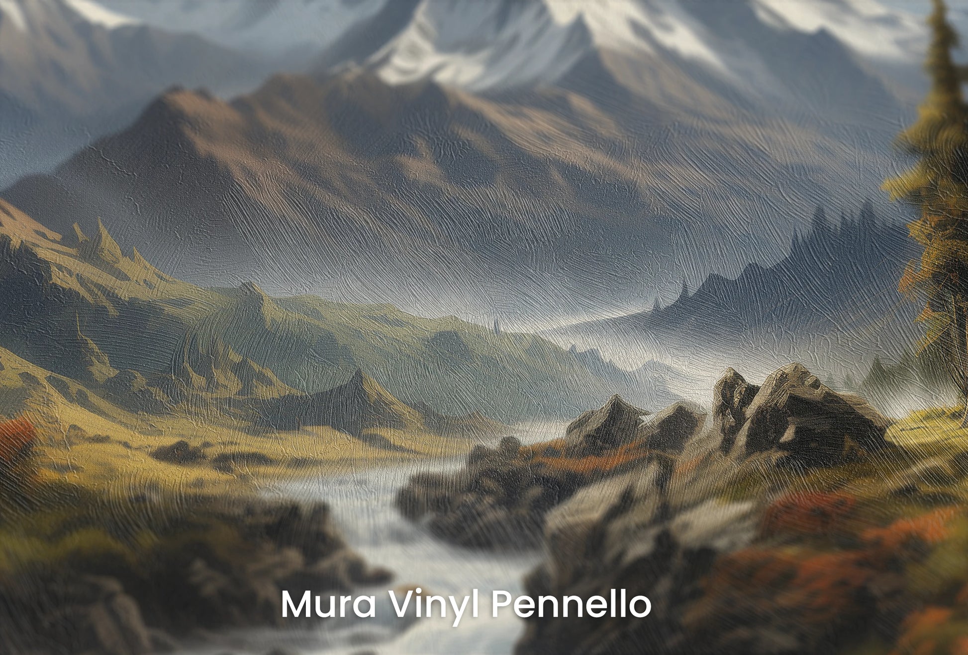 Zbliżenie na artystyczną fototapetę o nazwie Golden Valley na podłożu Mura Vinyl Pennello - faktura pociągnięć pędzla malarskiego.