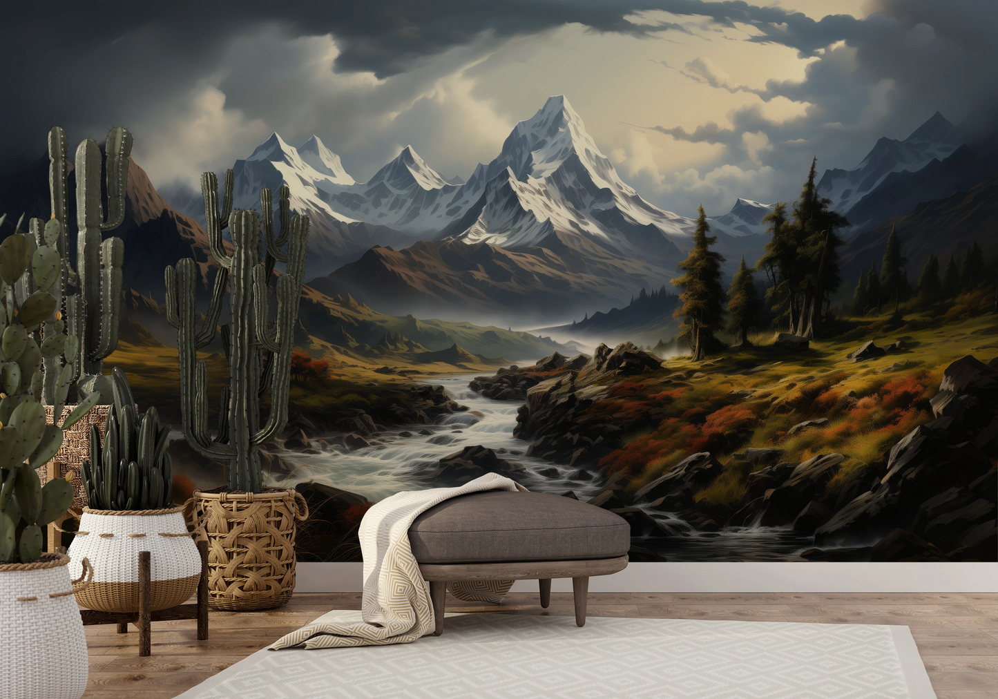 Wzór fototapety artystycznej o nazwie Golden Valley pokazanej w aranżacji wnętrza.