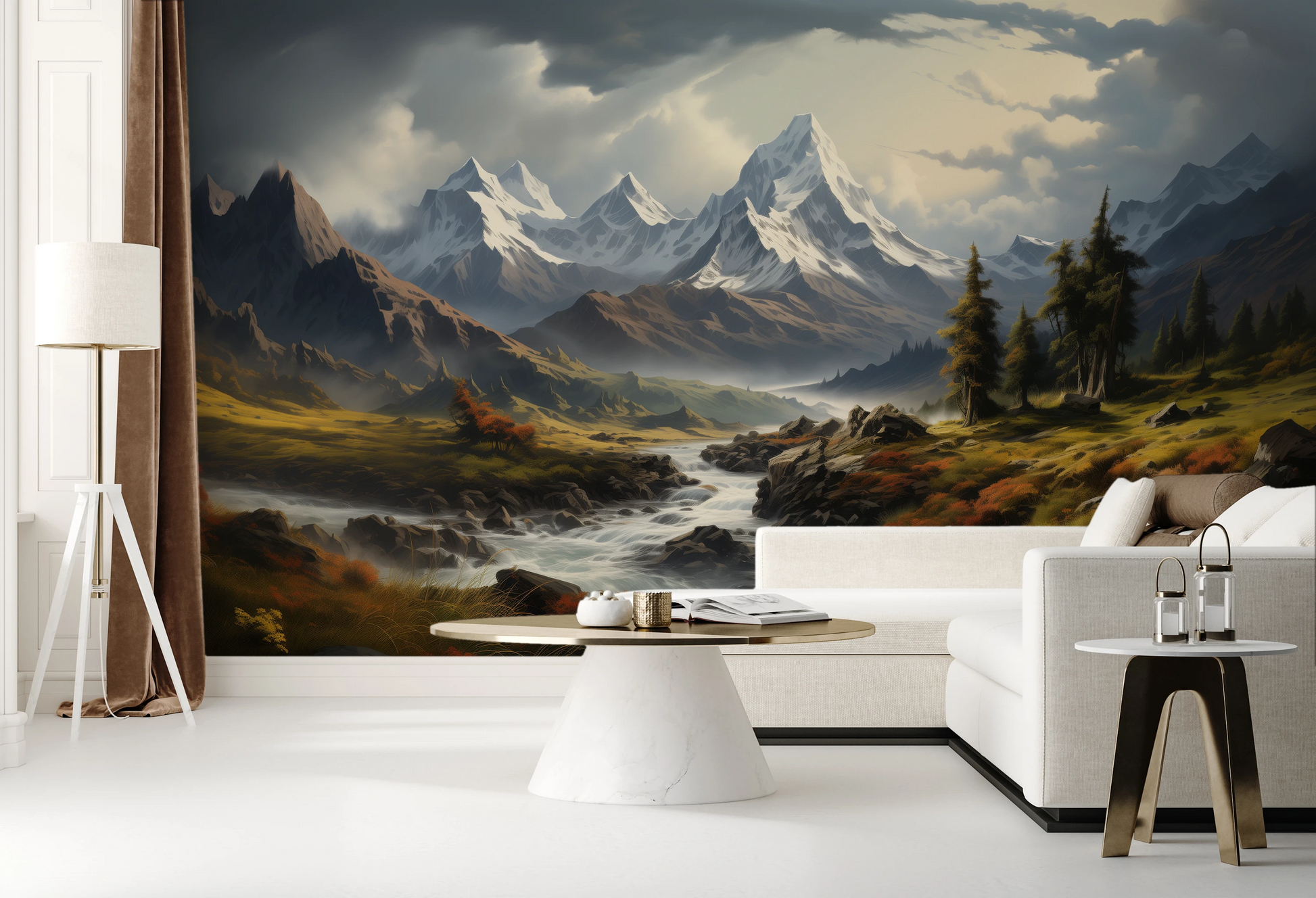 Wzór fototapety malowanej o nazwie Golden Valley pokazanej w aranżacji wnętrza.