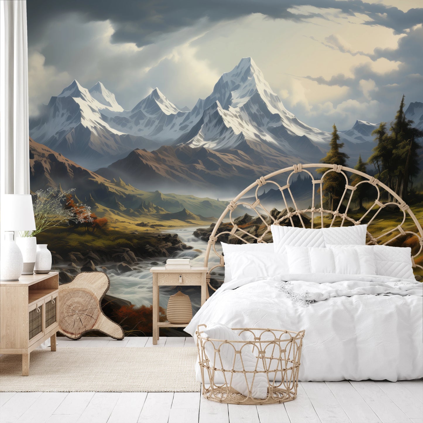 Zdjęcie prezentuje aranżację wnętrza z użyciem fototapety o nazwie Golden Valley pokazanej w aranżacji wnętrza.