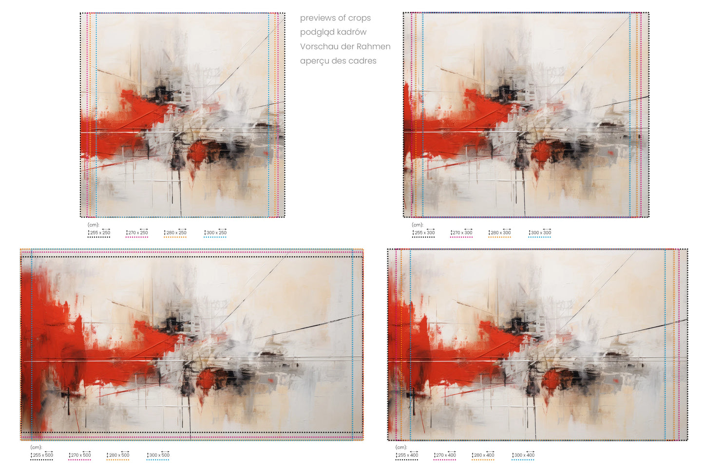 Na obrazie znajduje się prezentacja przykładowych rozmiarów fototapety o nazwie Dynamic Red Abstraction. Rozmiar fototapety jest dowolny.