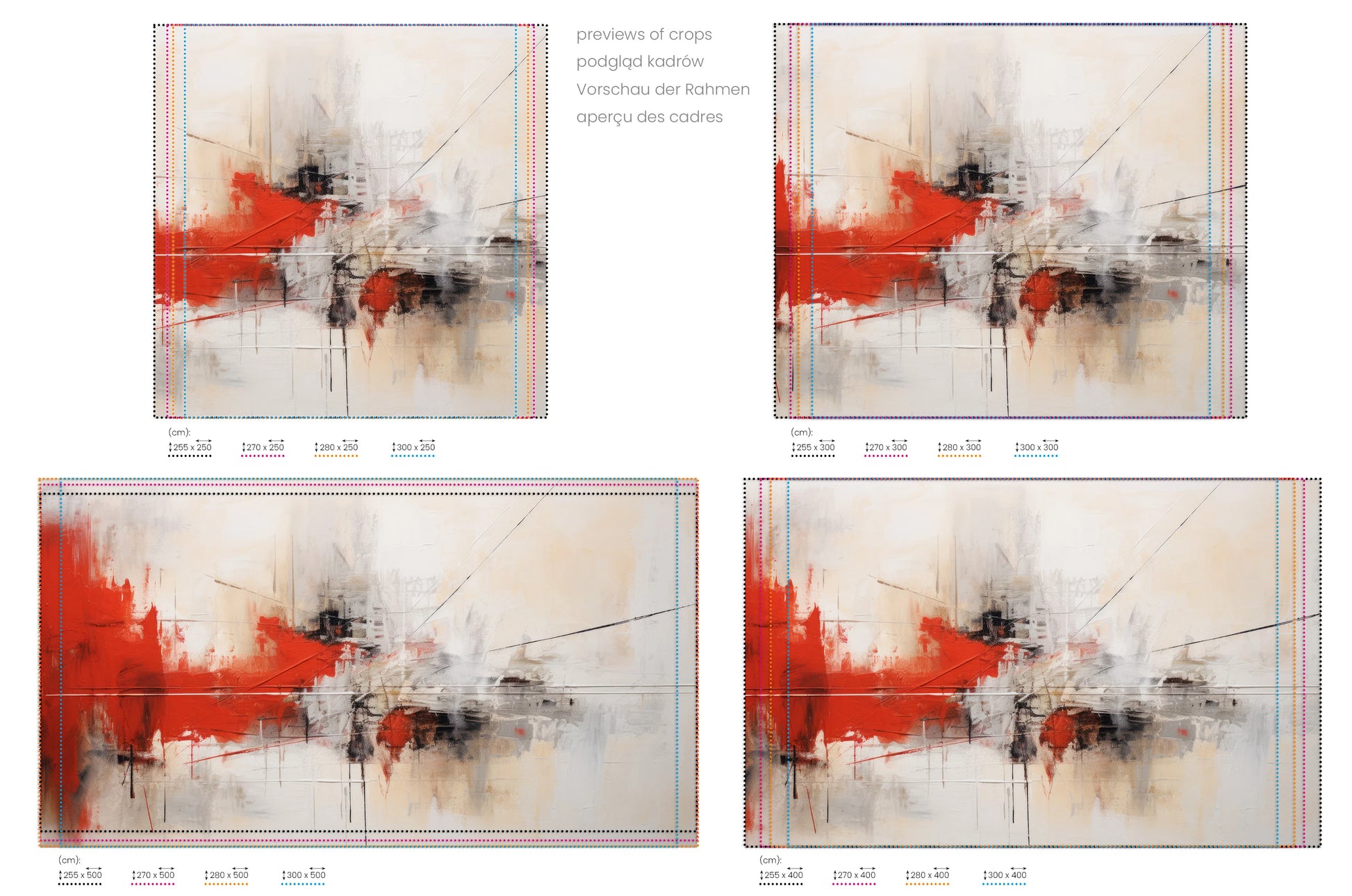 Na obrazie znajduje się prezentacja przykładowych rozmiarów fototapety o nazwie Dynamic Red Abstraction. Rozmiar fototapety jest dowolny.