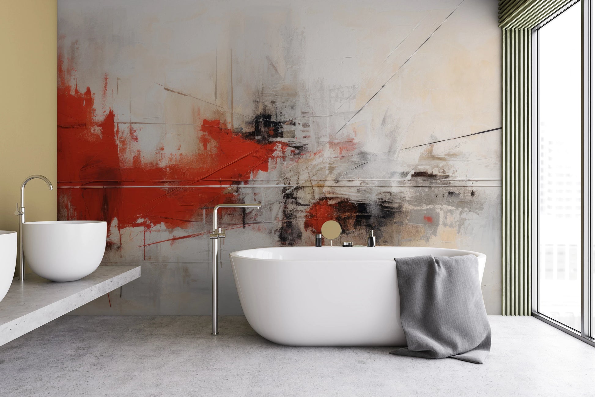 Wzór fototapety o nazwie Dynamic Red Abstraction pokazanej w kontekście pomieszczenia.
